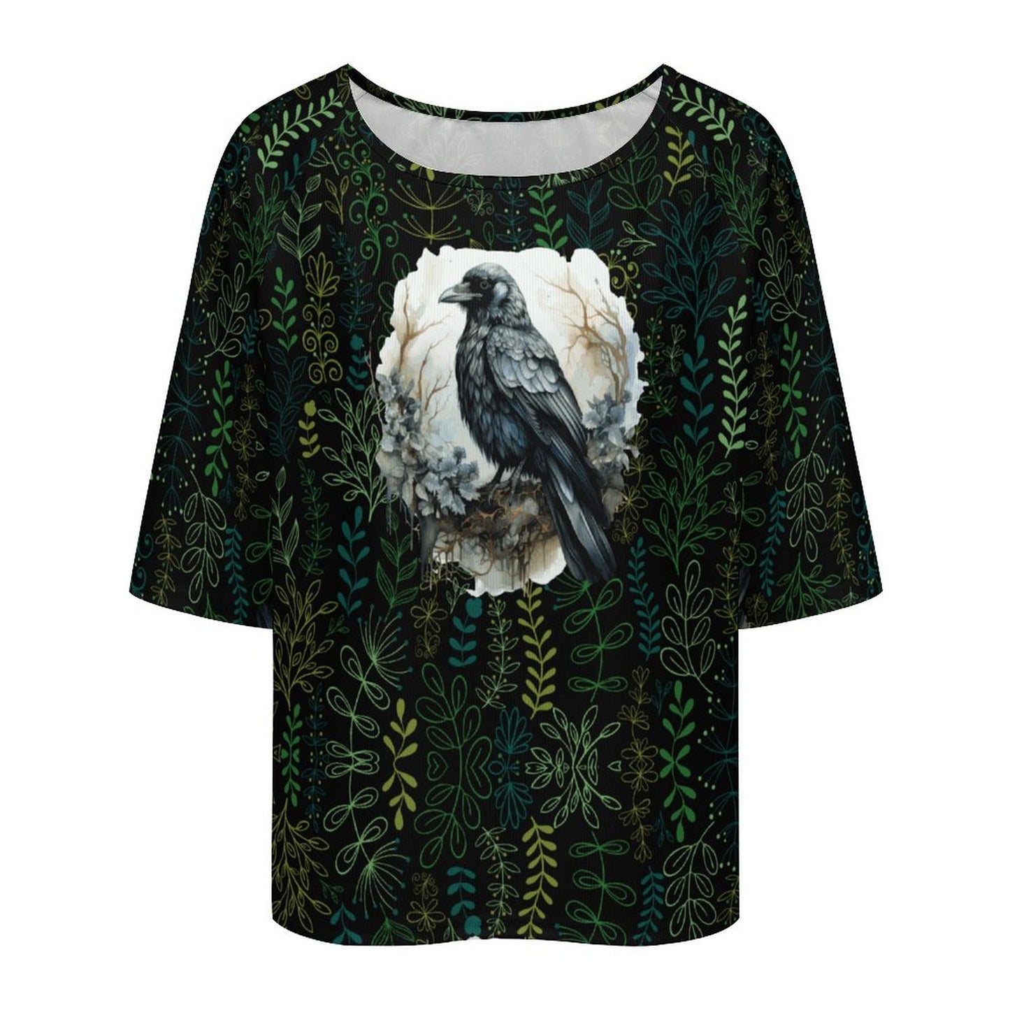 Black t-shirt with a bird and leaf pattern on a white background