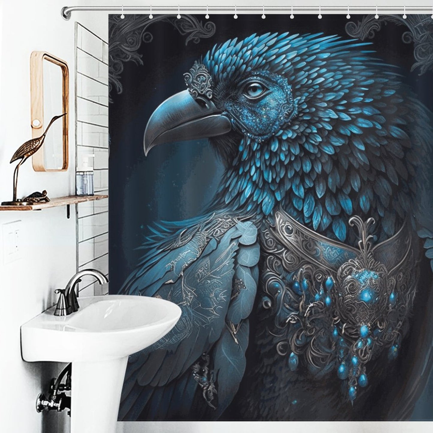 Warrior Crow Shower Curtain, "Midnight Crow" Halloween Decor, Steampunk Crow