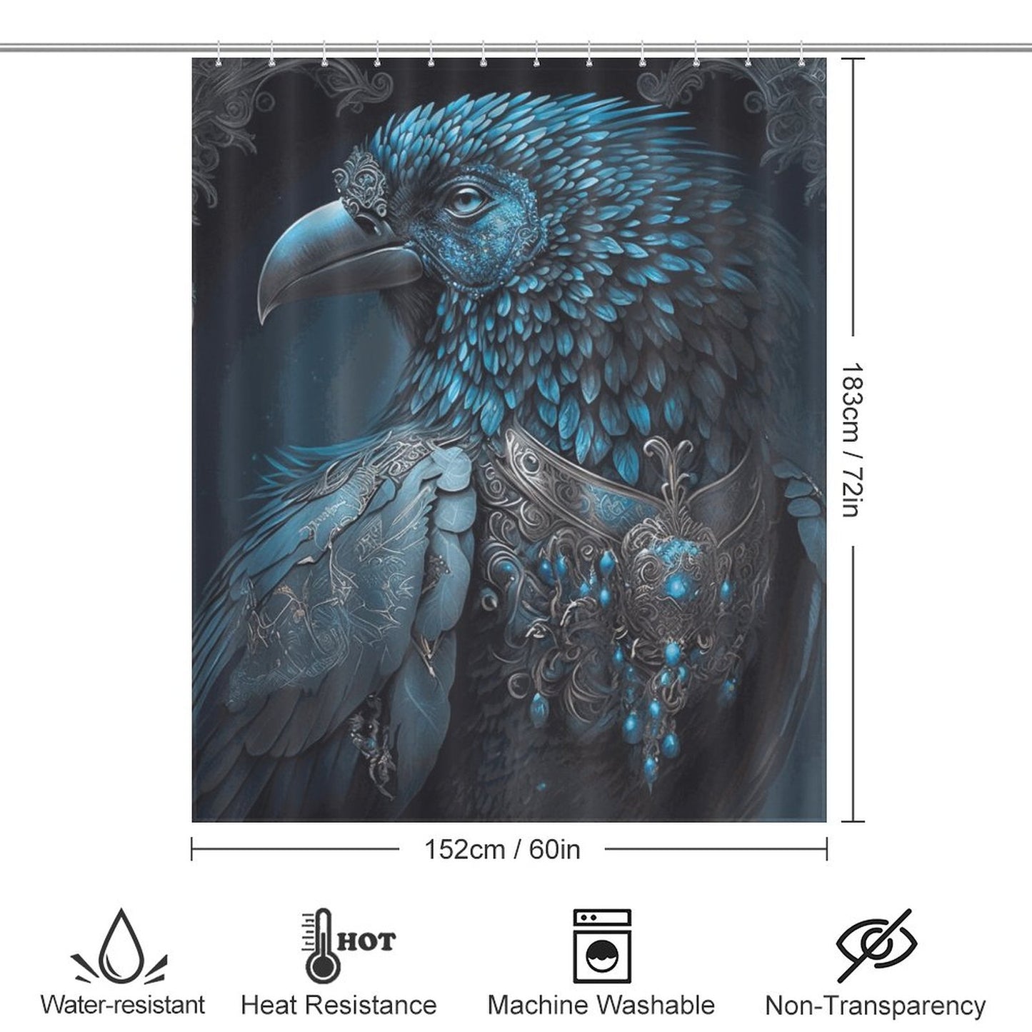 Warrior Crow Shower Curtain, "Midnight Crow" Halloween Decor, Steampunk Crow