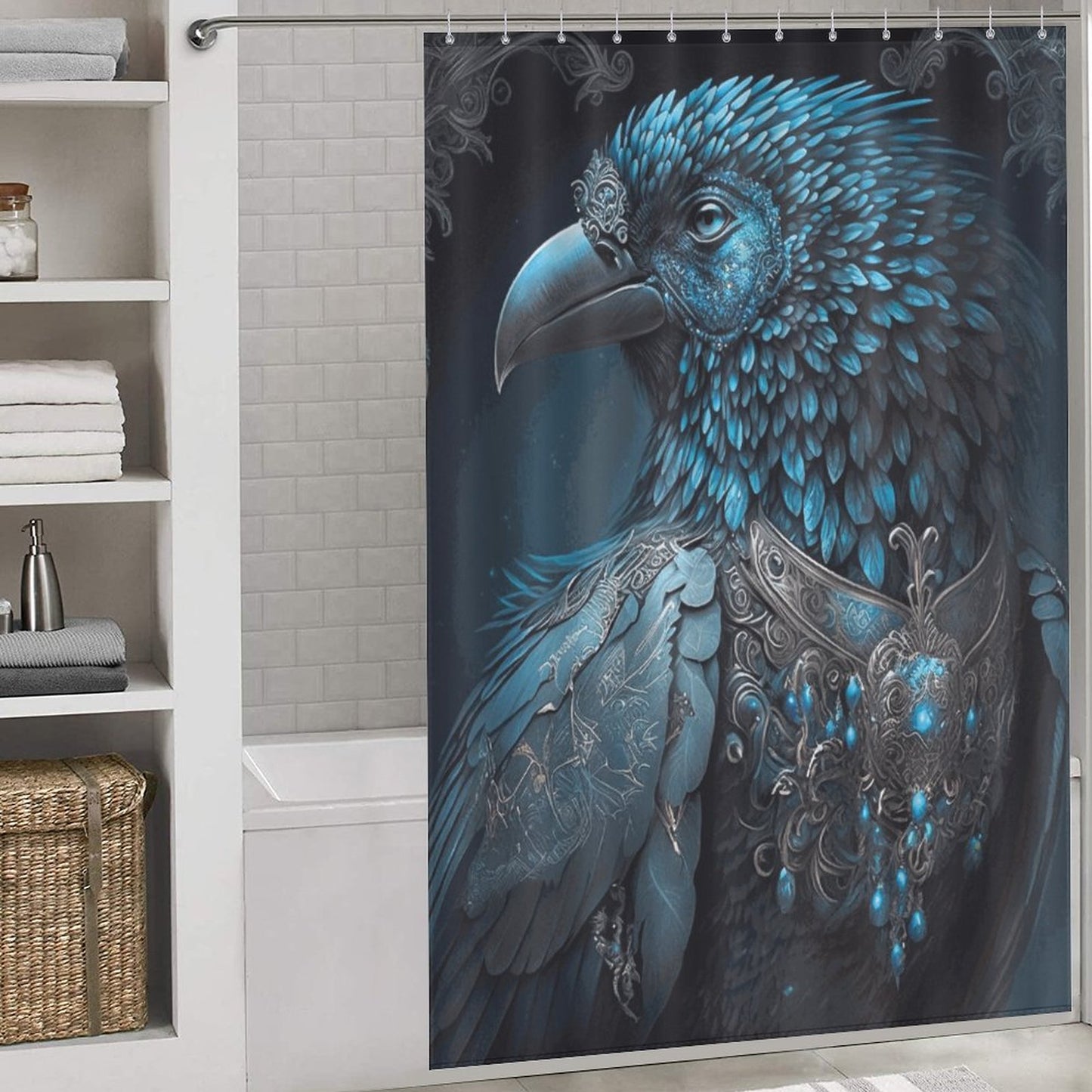 Warrior Crow Shower Curtain, "Midnight Crow" Halloween Decor, Steampunk Crow