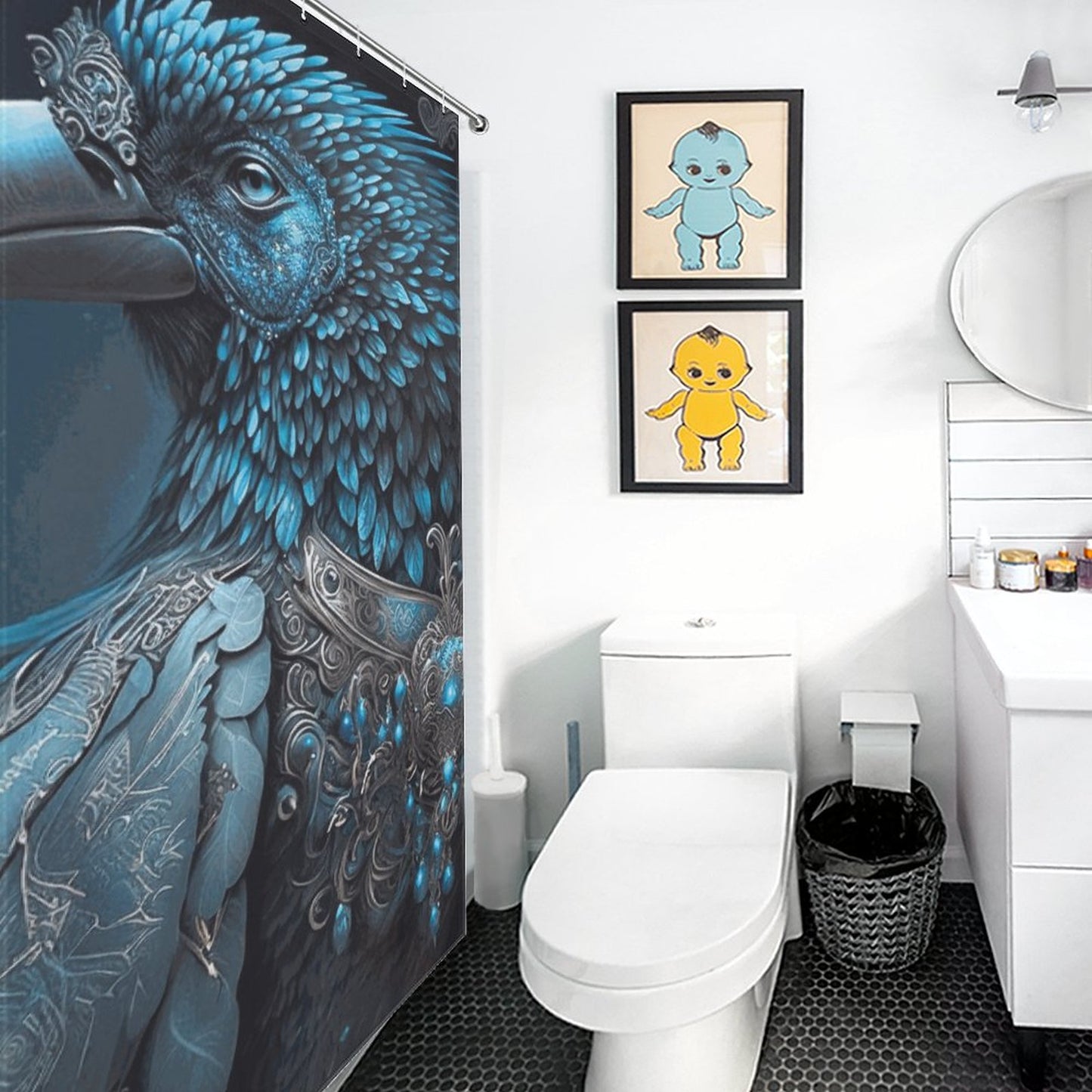 Warrior Crow Shower Curtain, "Midnight Crow" Halloween Decor, Steampunk Crow