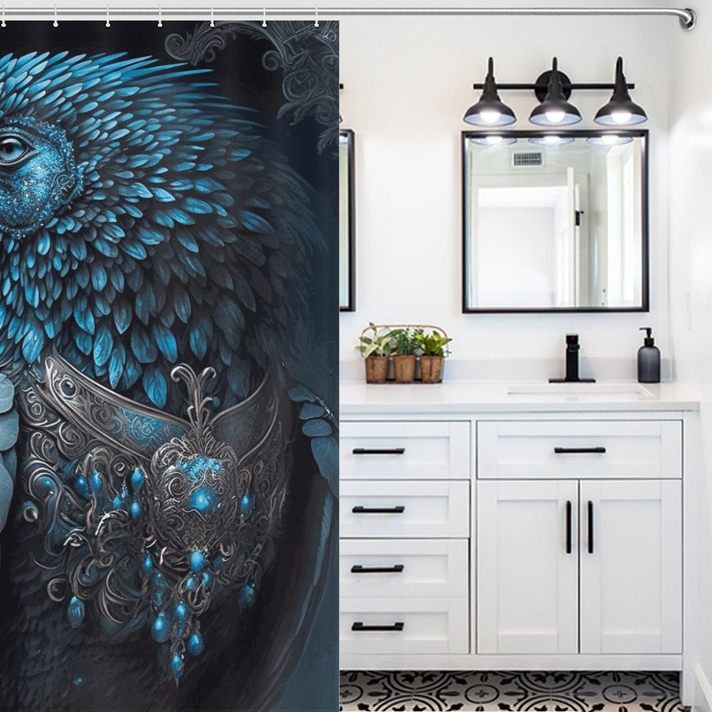 Warrior Crow Shower Curtain, "Midnight Crow" Halloween Decor, Steampunk Crow