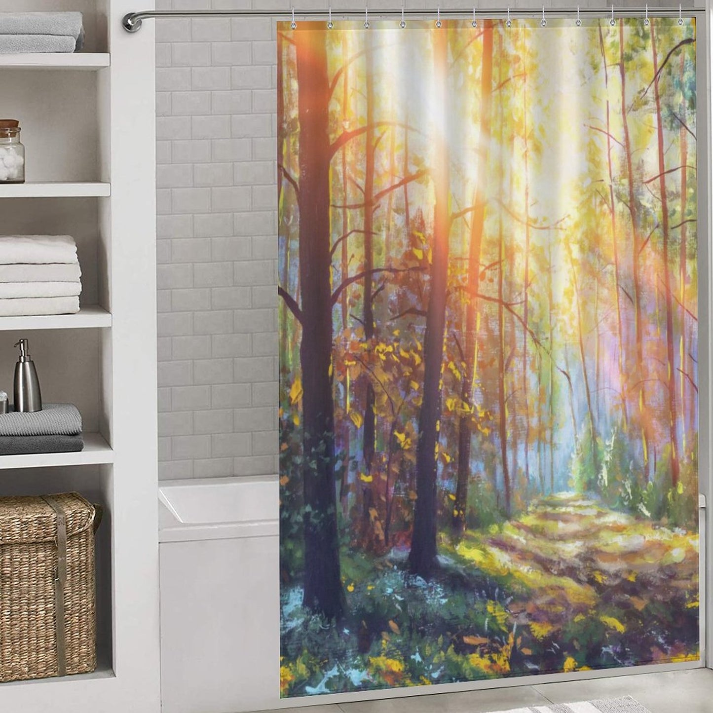 Watercolor Spring Forest Shower Curtain, Enchanting Forest Path Shower Curtain