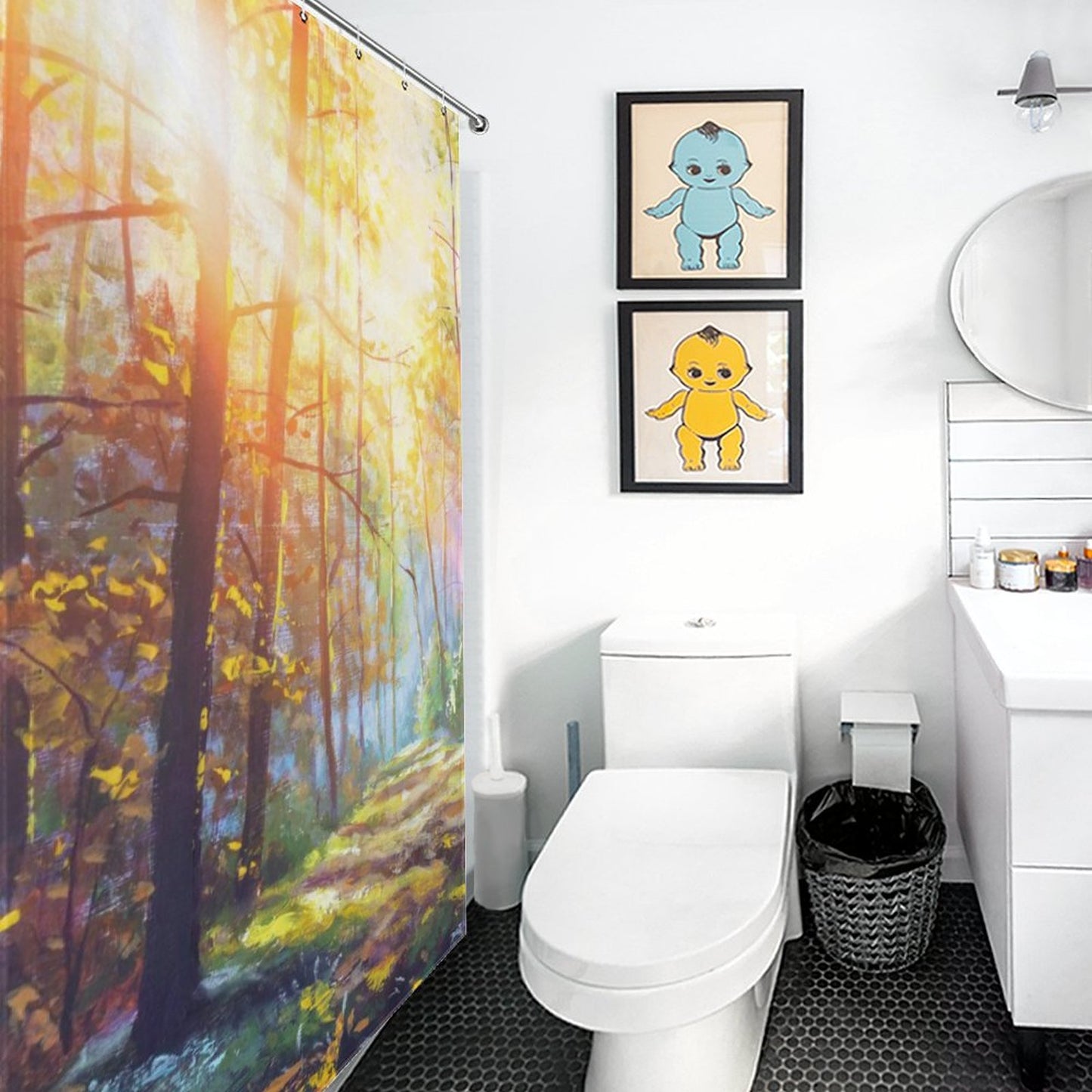 Watercolor Spring Forest Shower Curtain, Enchanting Forest Path Shower Curtain