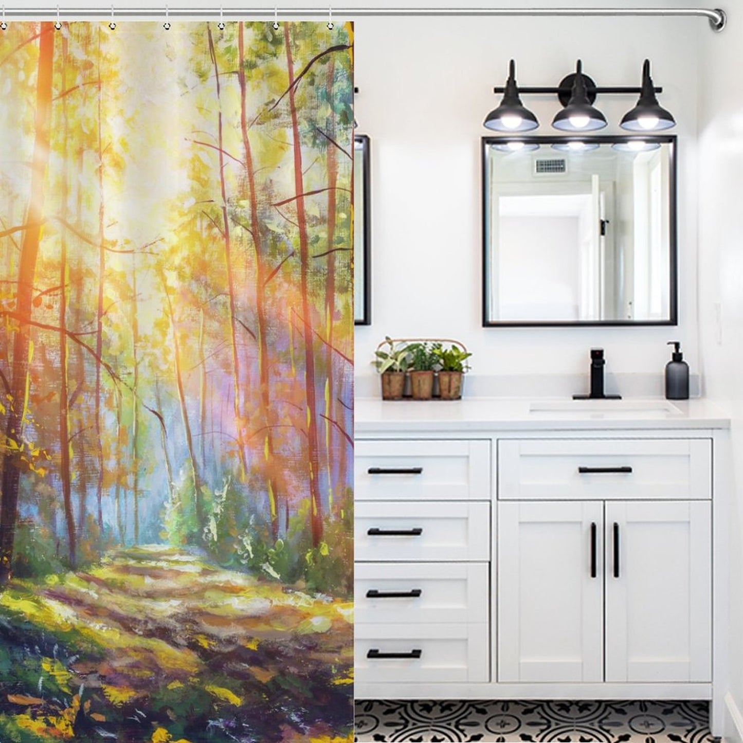 Watercolor Spring Forest Shower Curtain, Enchanting Forest Path Shower Curtain