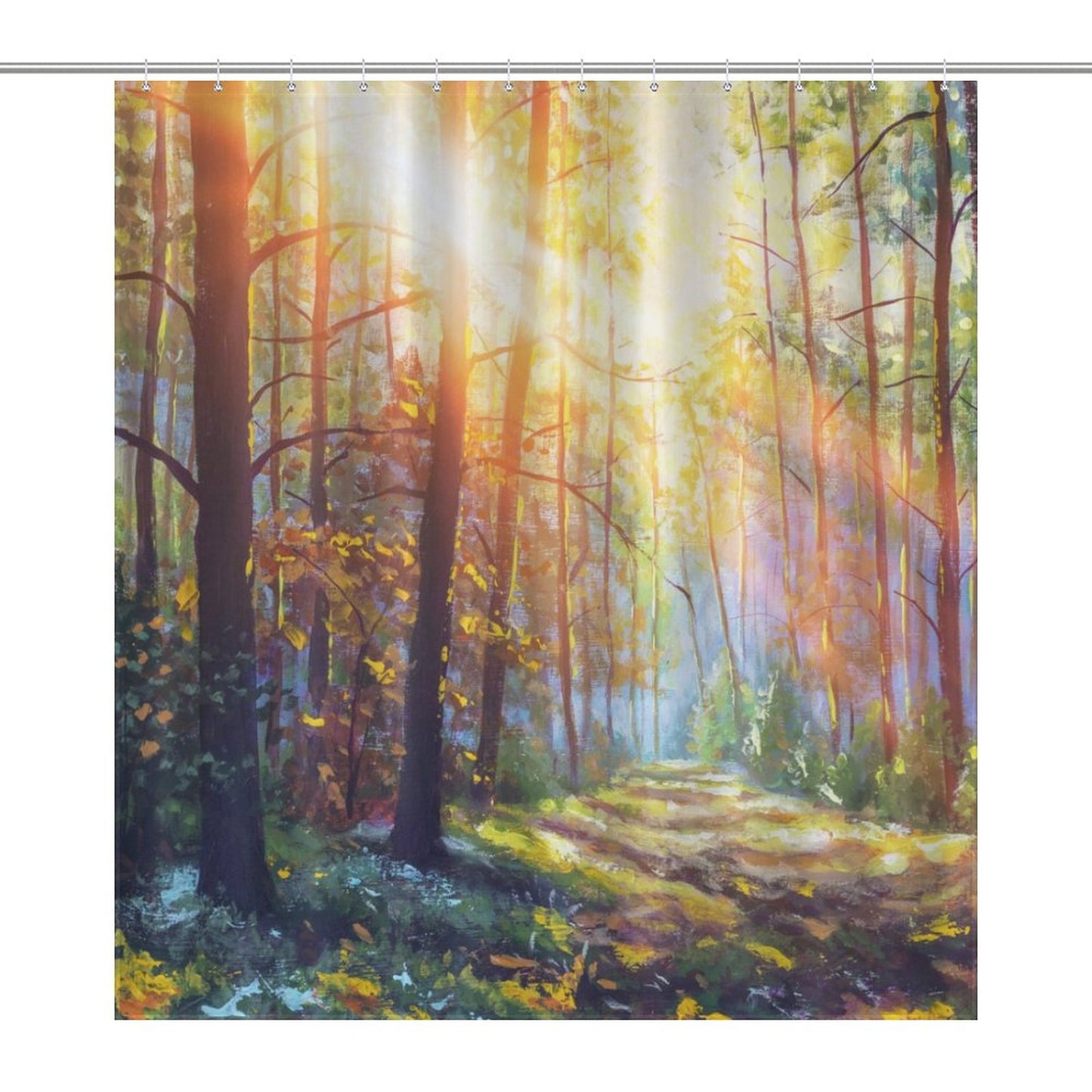 Watercolor Spring Forest Shower Curtain, Enchanting Forest Path Shower Curtain
