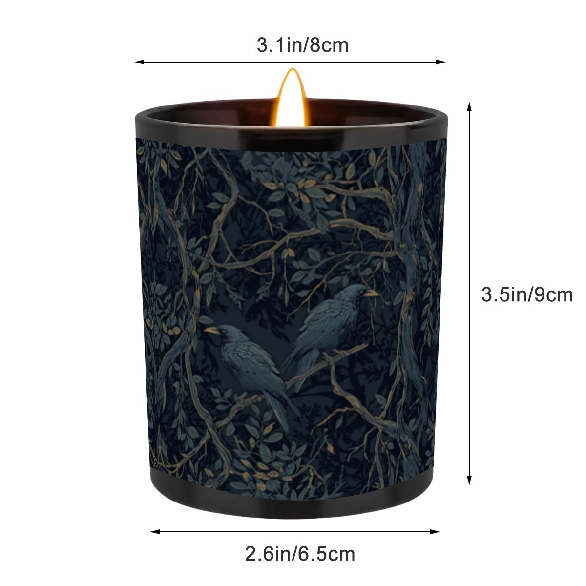 Candle in a decorative container with bird design, showing dimensions on a white background