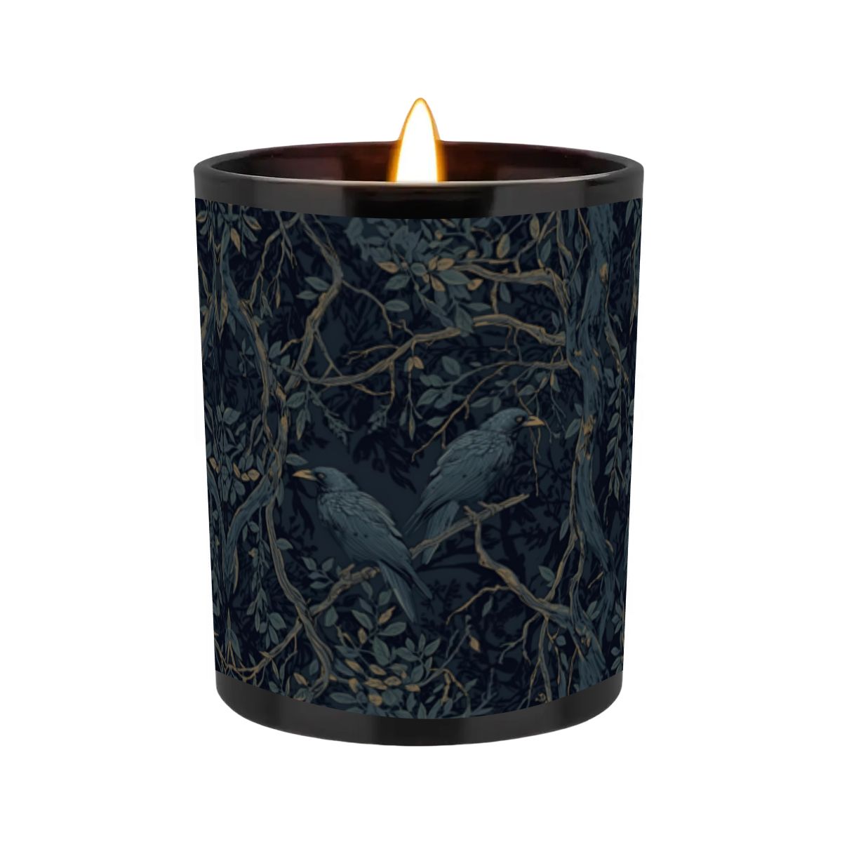 Candle in a decorative container with bird and branch pattern on a white background