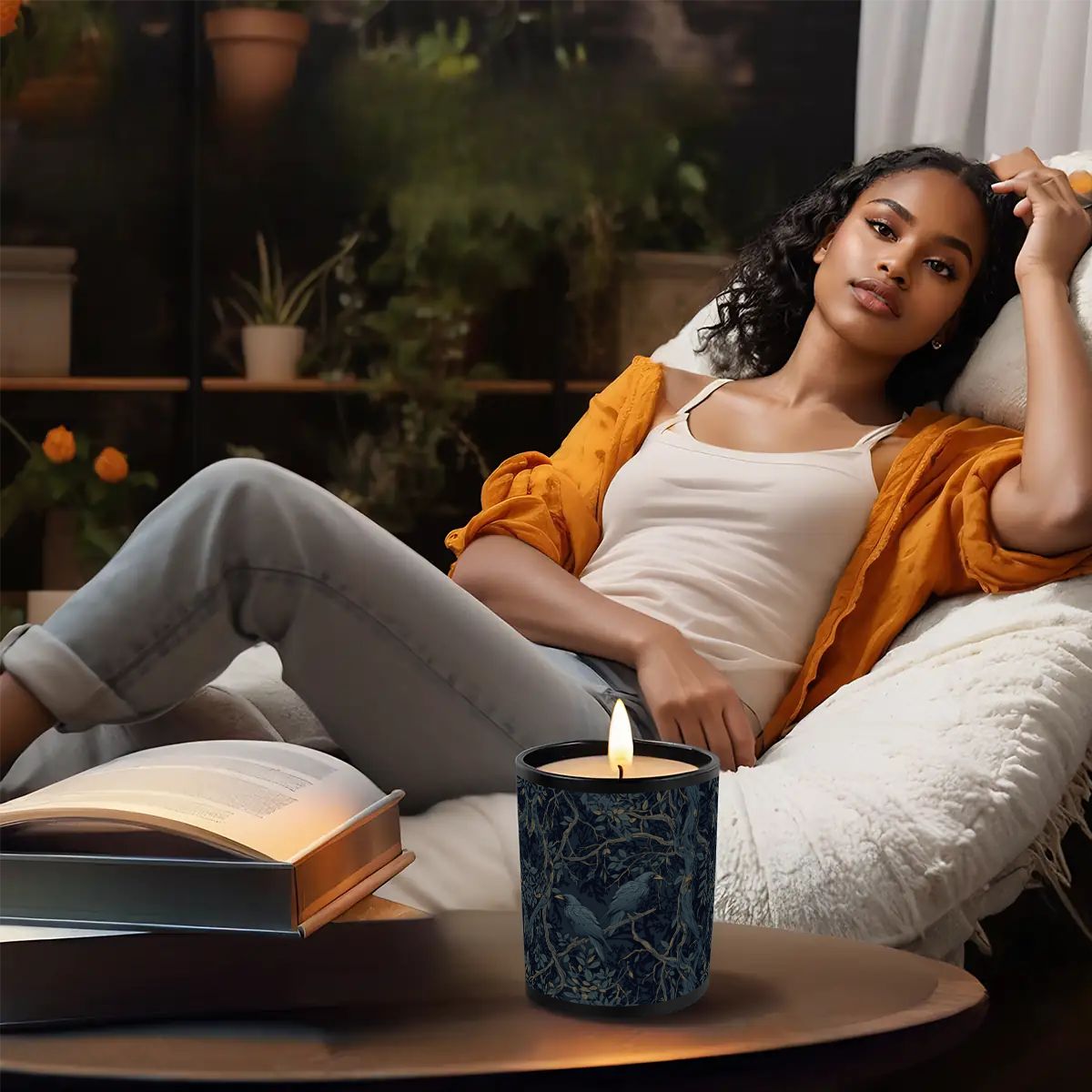 Woman relaxing on a couch with a book and lit candle in a cozy indoor setting