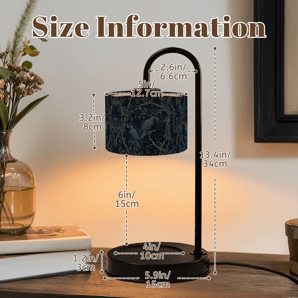 Table lamp with size measurement details on a wooden surface.