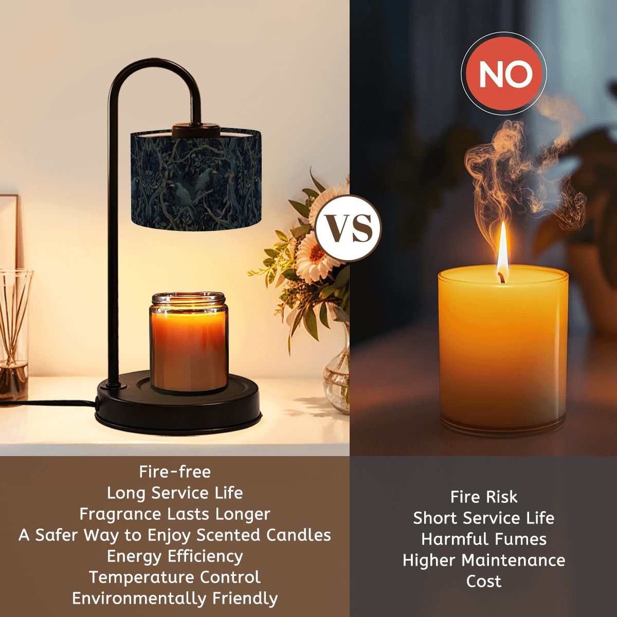 Comparison of a candle lamp and a candle with text highlighting pros and cons on a neutral background.