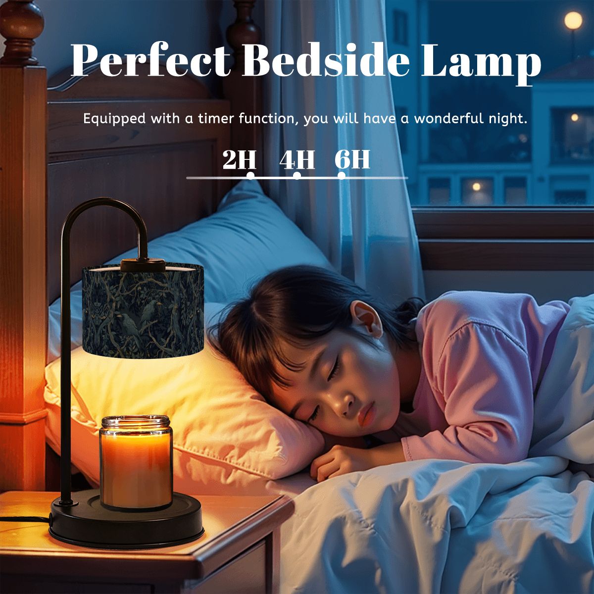 Child sleeping in bed with a bedside lamp and candle, text indicating timer options.