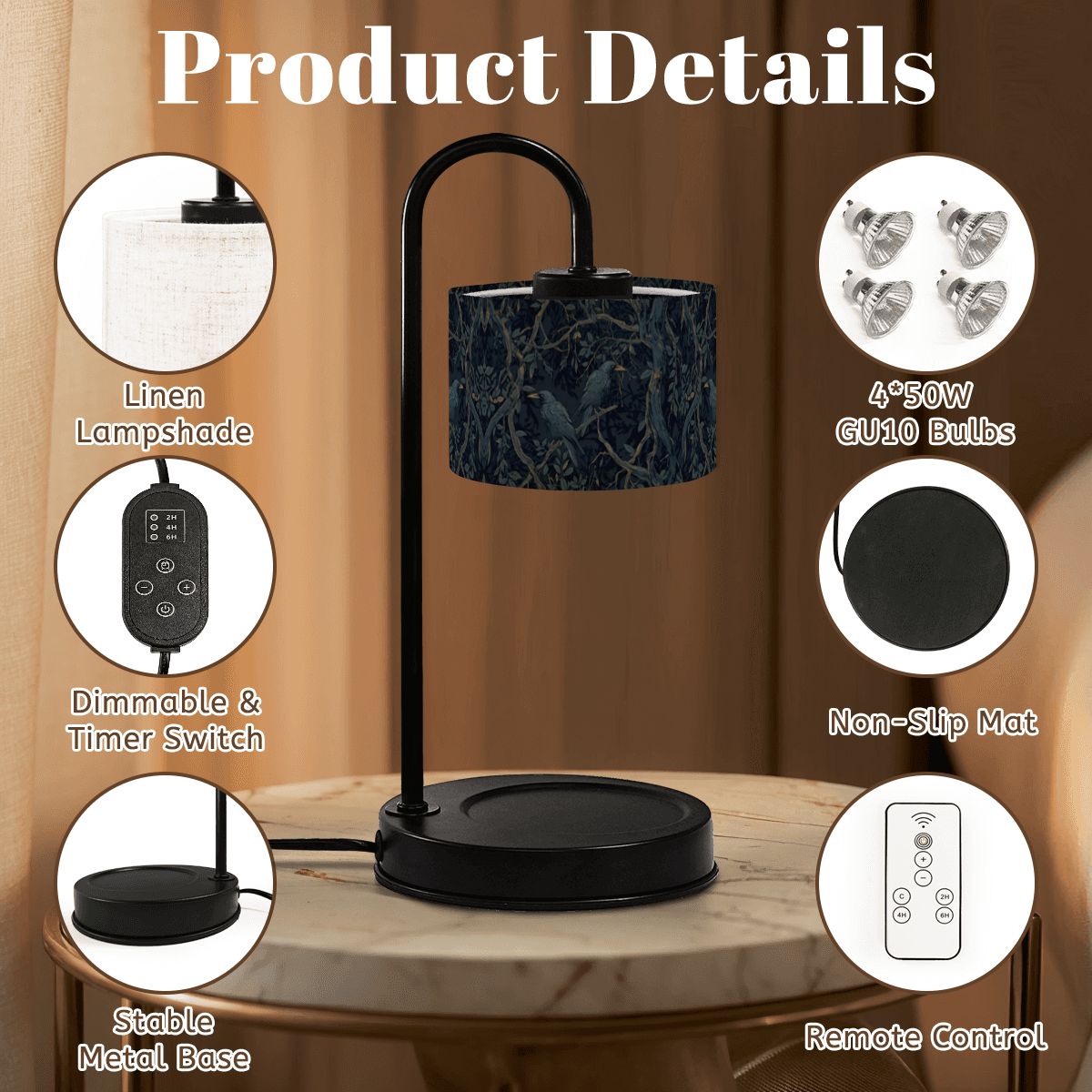 Black table lamp with product details on a wooden surface