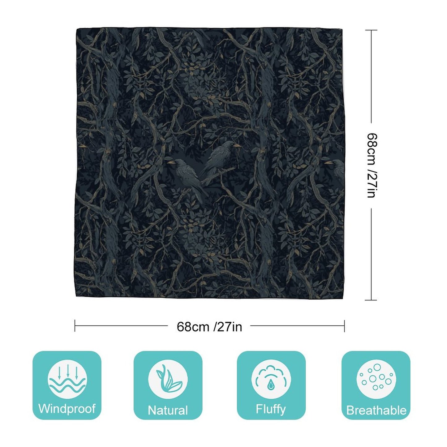 Dark fabric with bird and branch pattern, shown with dimensions and feature icons.