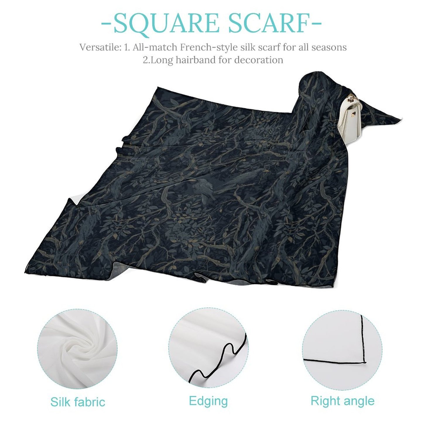 Black square scarf with intricate design on a white background