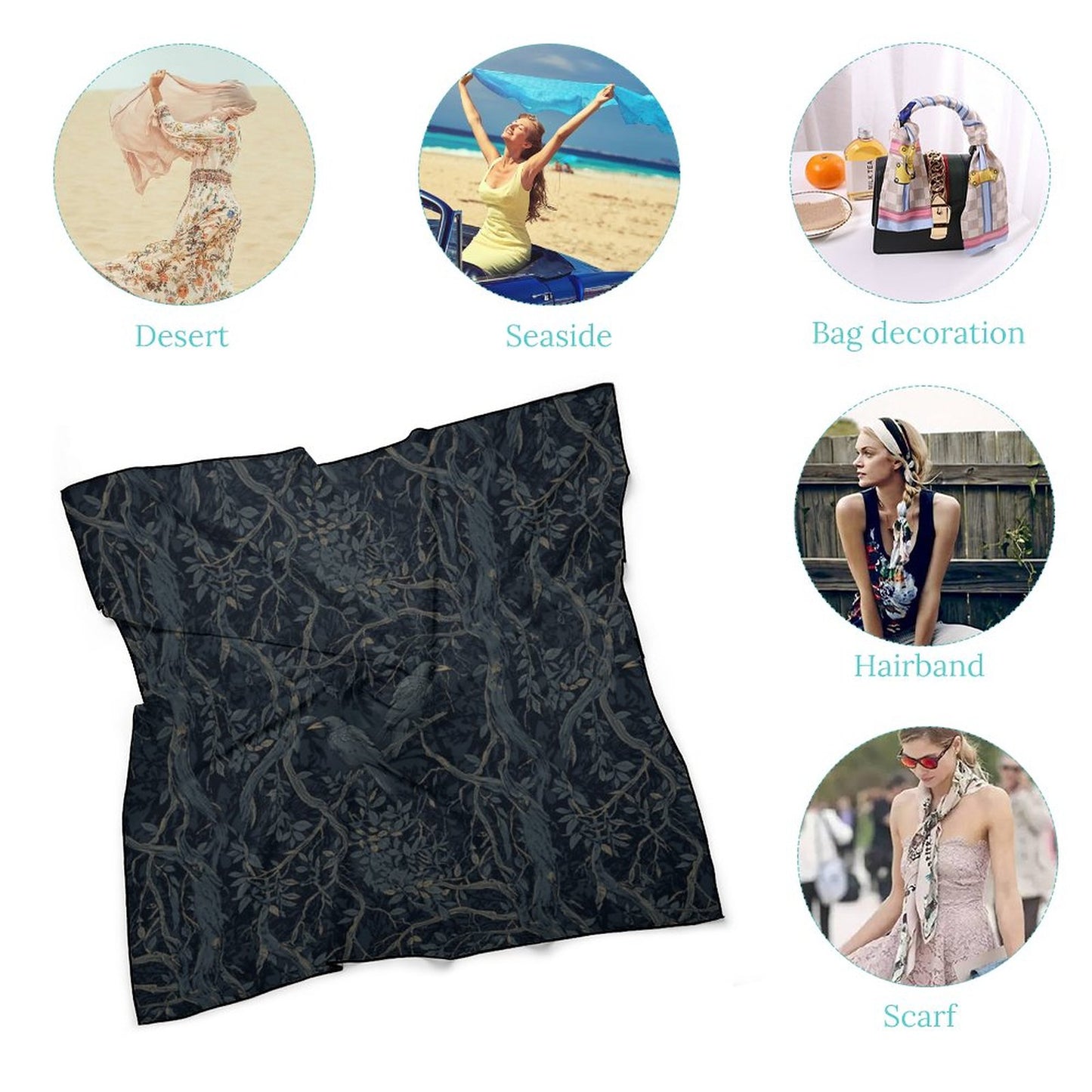 Black floral patterned scarf with various usage scenarios displayed around it.