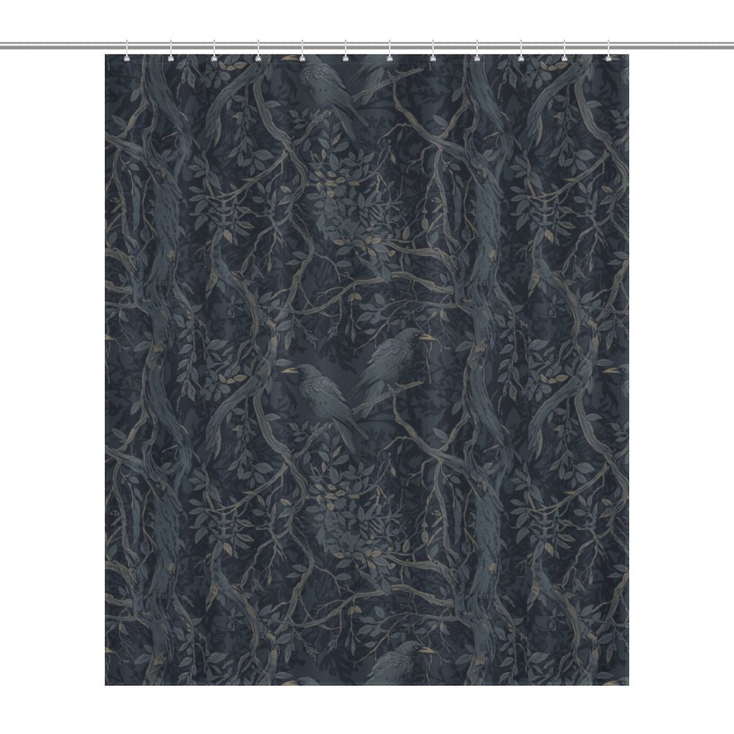 Shower curtain with dark floral and branch pattern on a black background