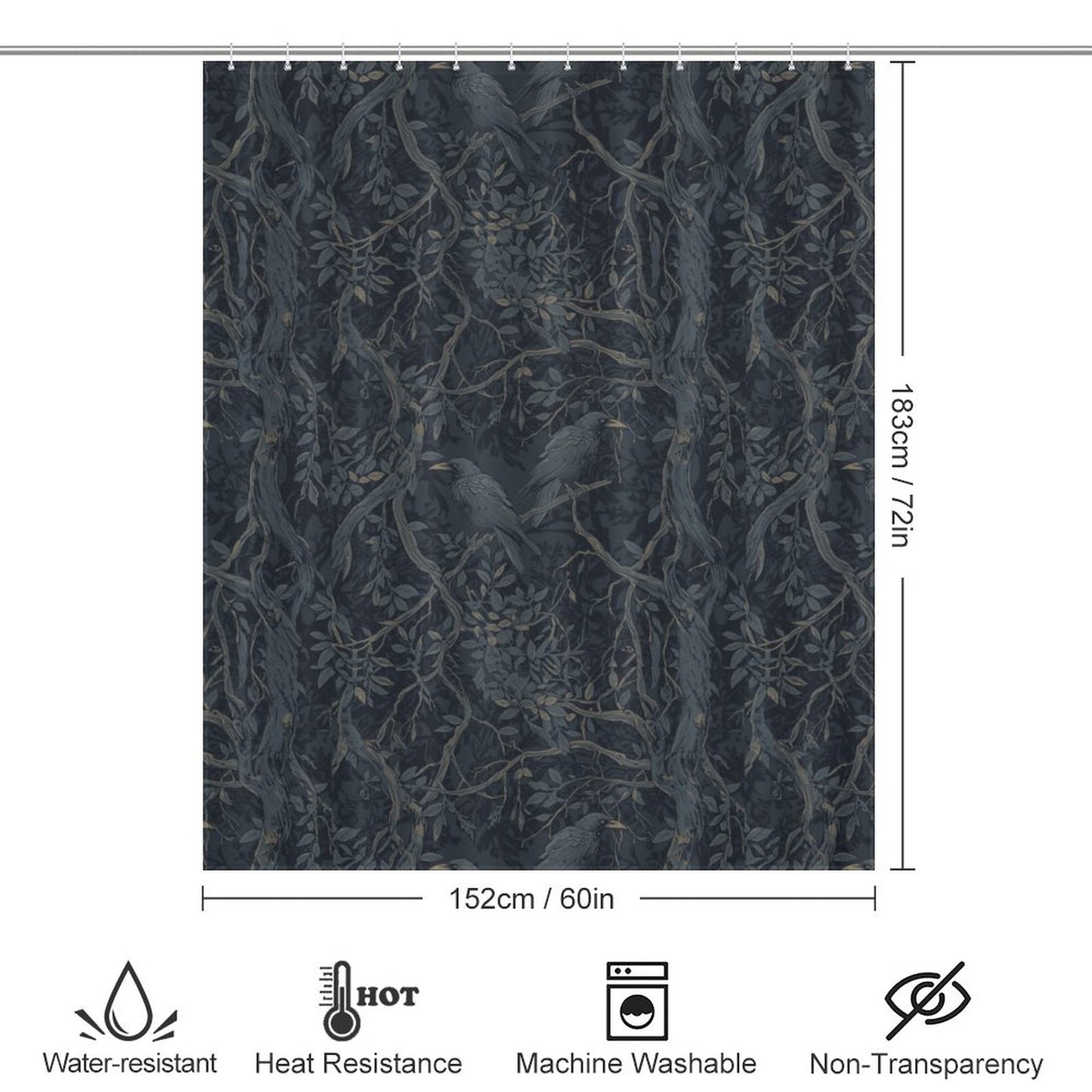 Textile pattern with branches and birds, size 152cm x 183cm, with care label icons.