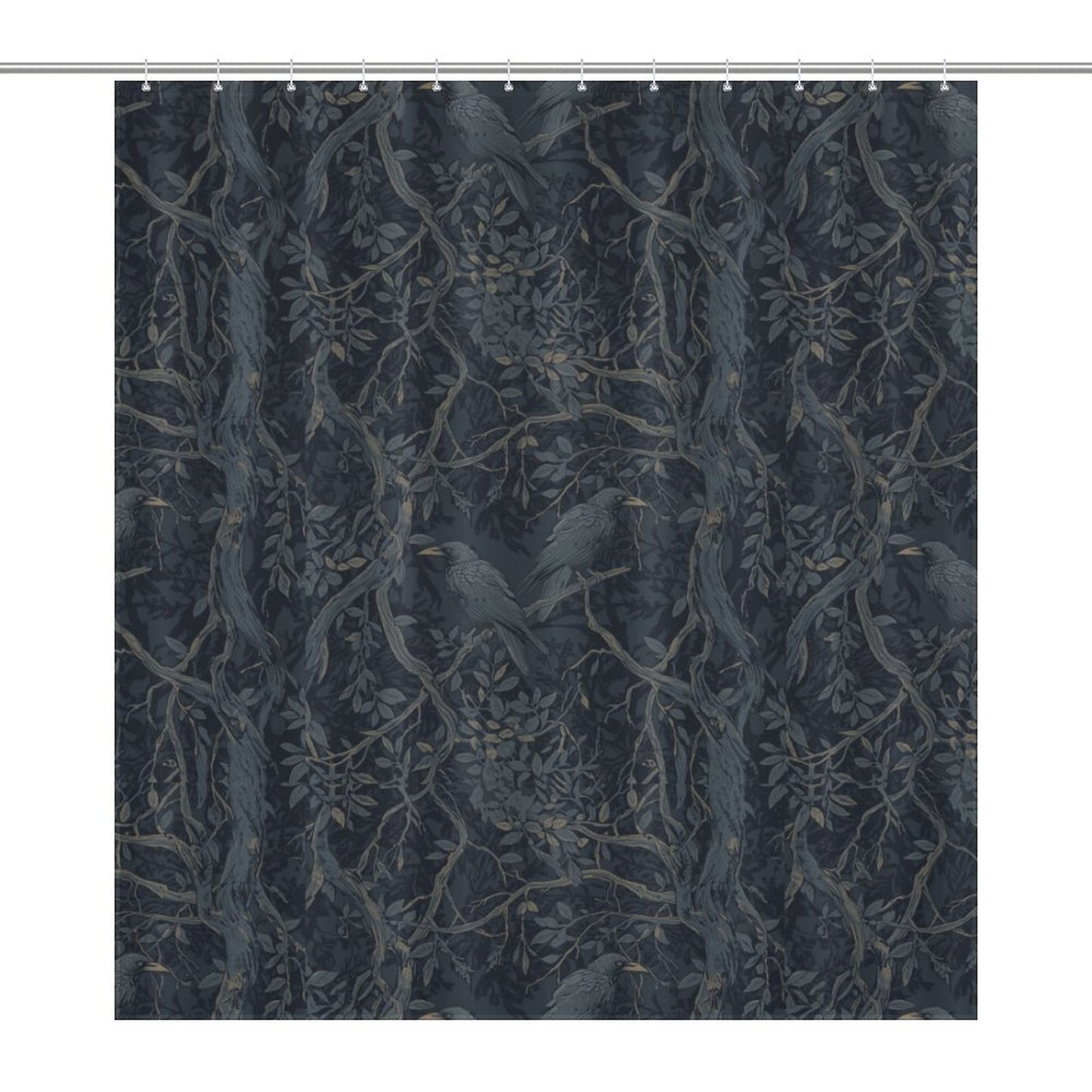Dark blue shower curtain with bird and branch pattern
