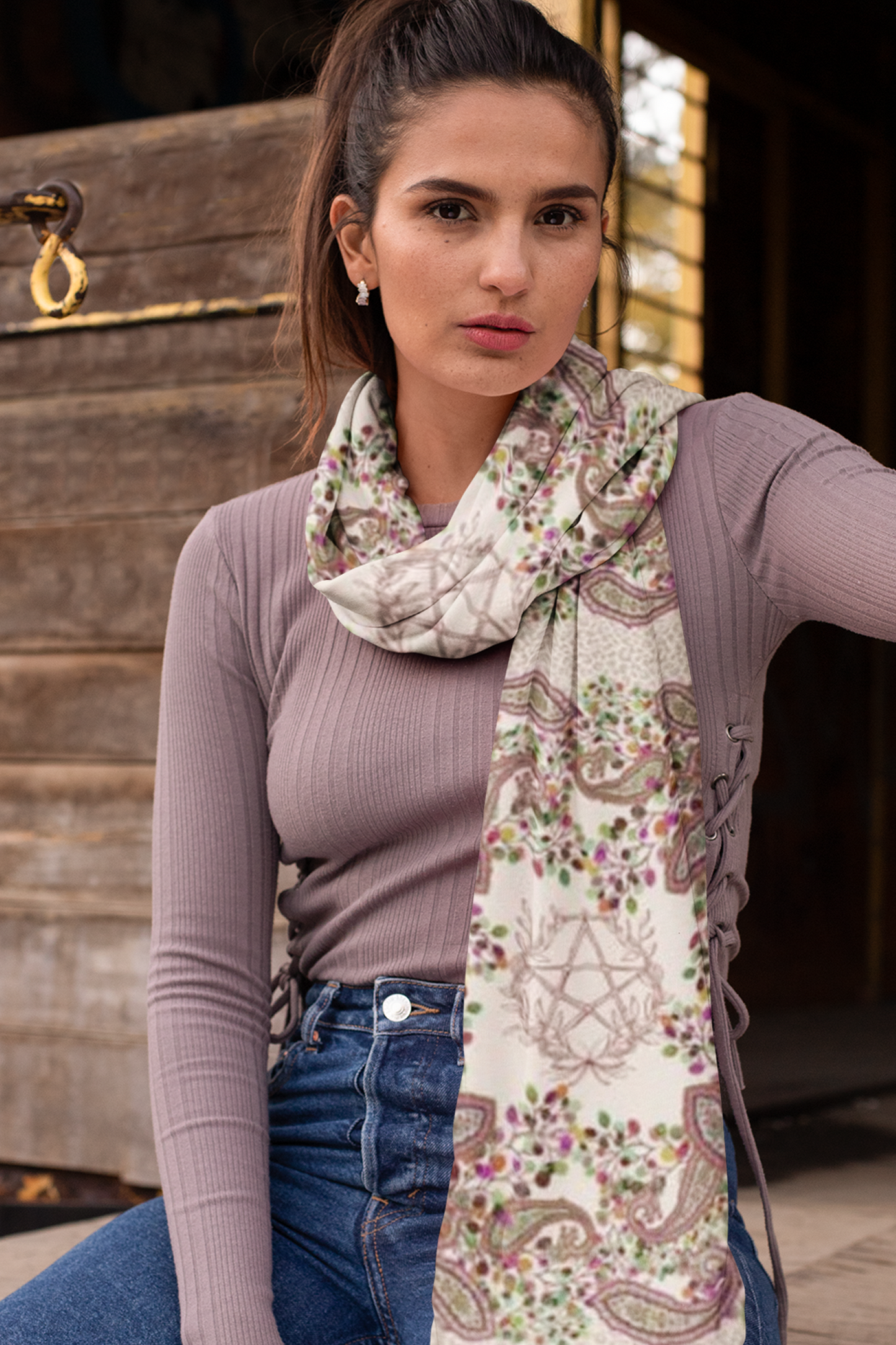 Winterberry Pentagram Tassel Scarf, Captivating Floral Paisley Hair Scarf for a Witch-Themed Holiday Gift, Occult Fashion for Witches