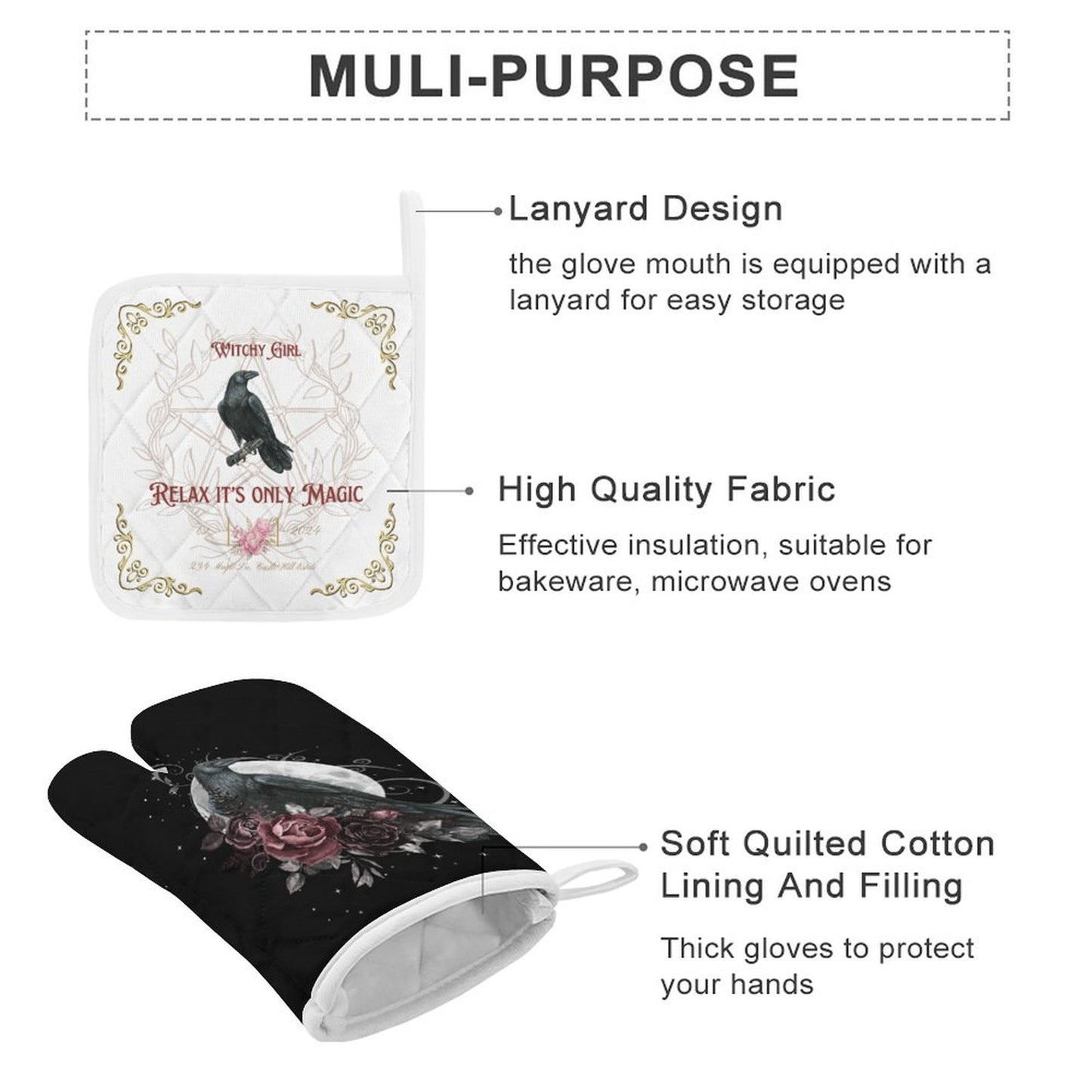 Witchcore Oven Mitts & Pot Holder Set: Black Crow, Wiccan Kitchen Decor