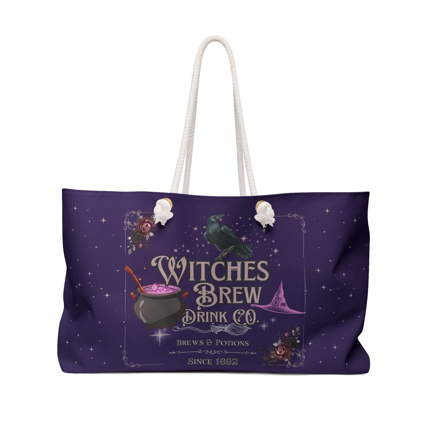 Purple tote bag with 'Witches Brew Drink Co' design on a white background
