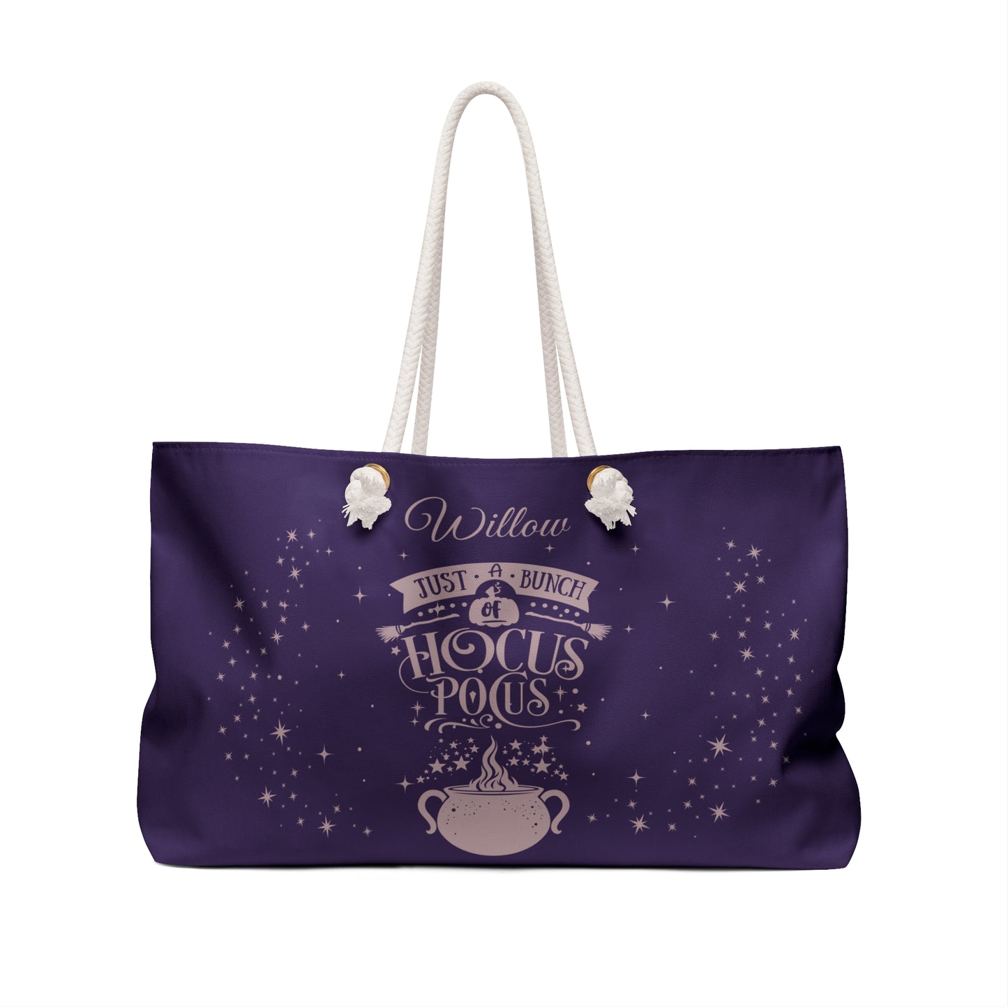 Purple tote bag with white text and design on a white background