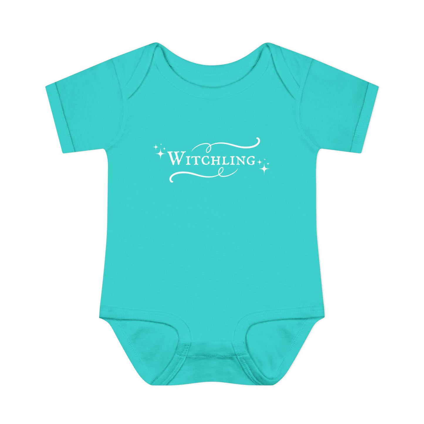 Turquoise baby onesie with 'Witchling' text on a white background