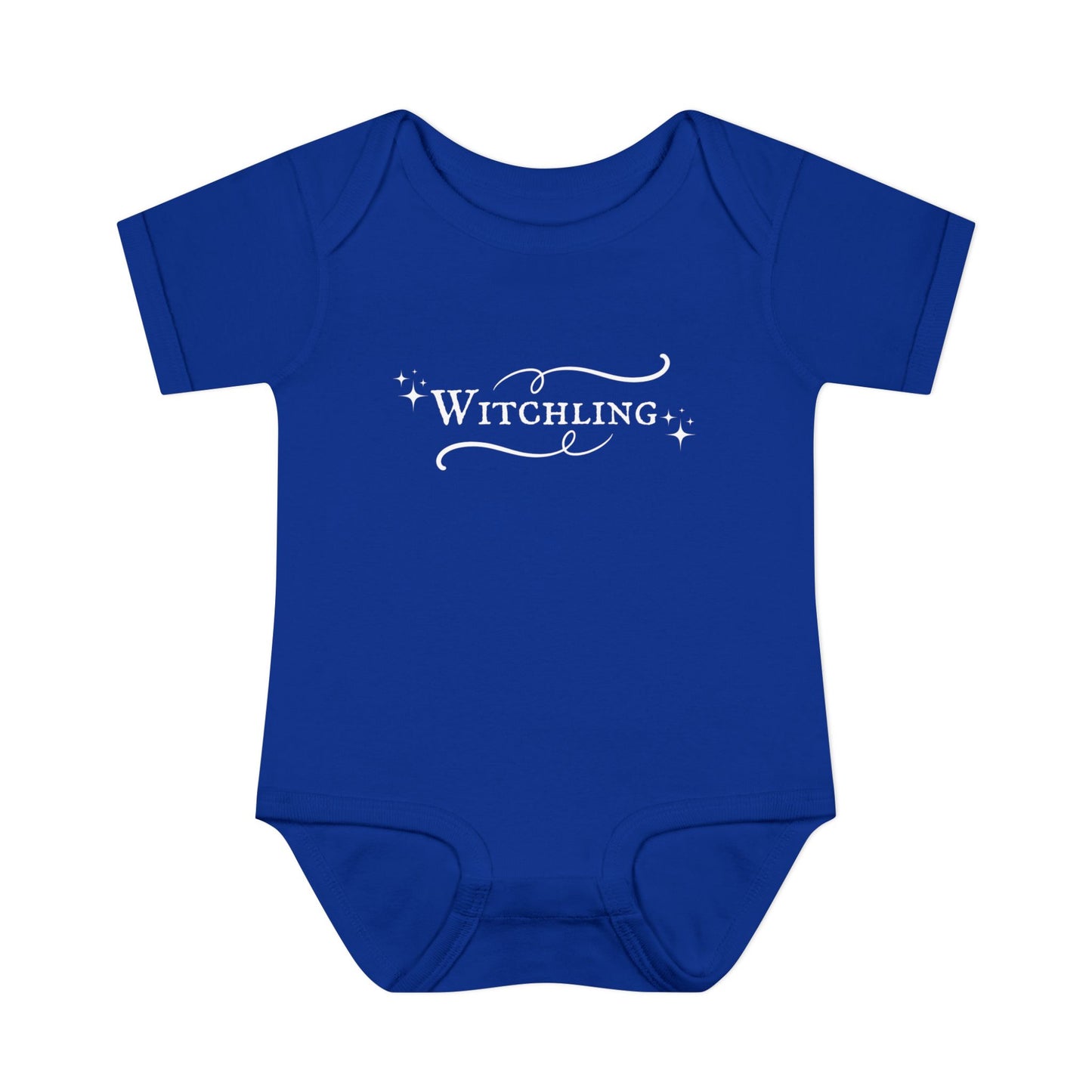 Blue baby onesie with 'Witchling' text on a white background