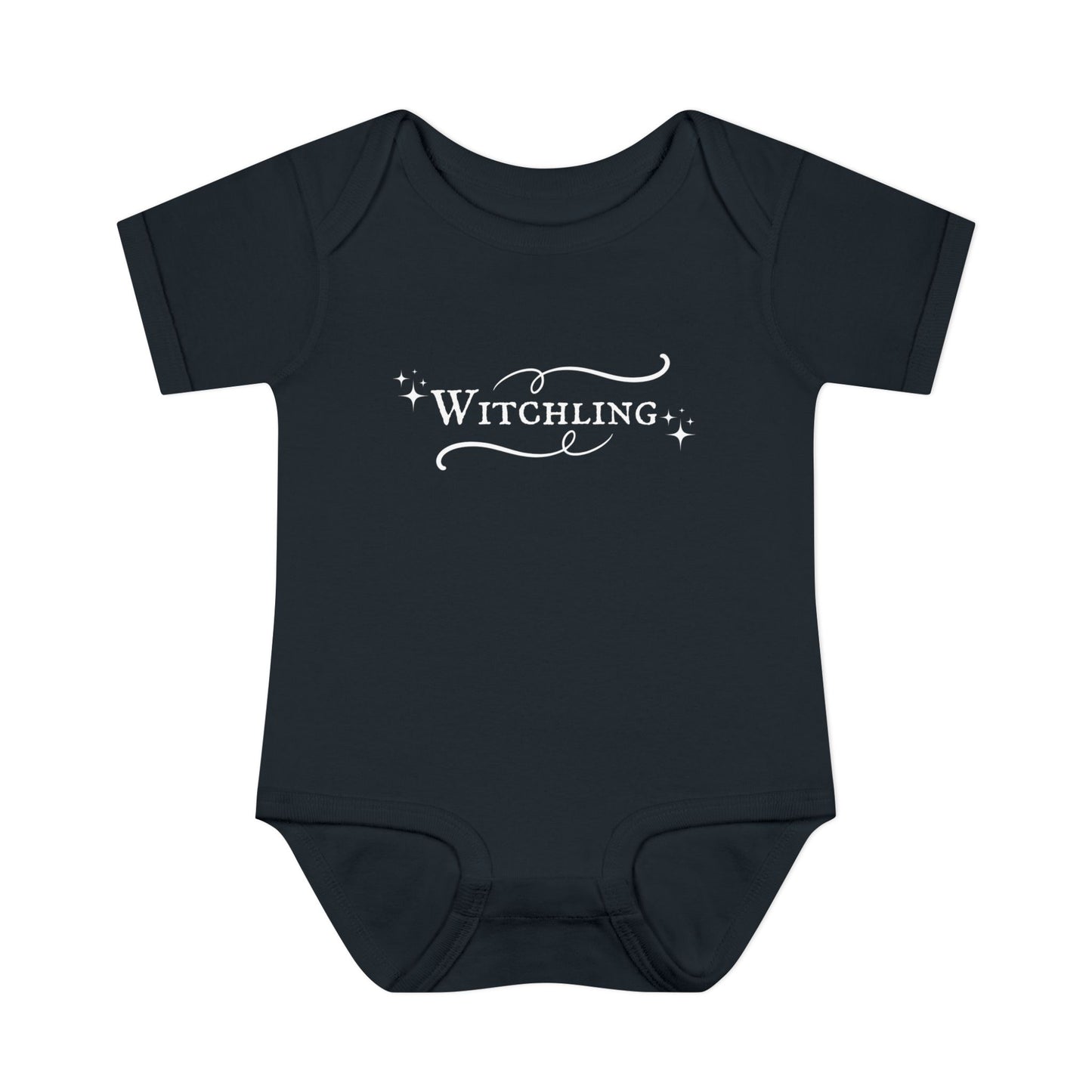 Black baby onesie with 'Witchling' print on a white background