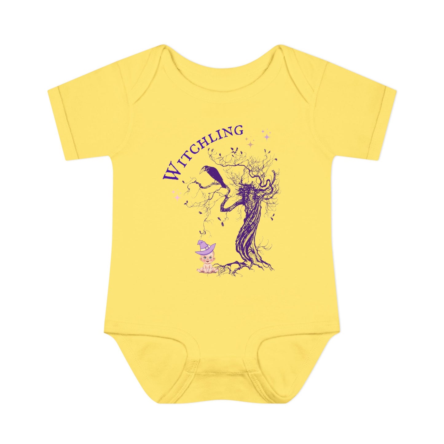 Yellow baby onesie with purple graphic and 'Witchling' text on a white background