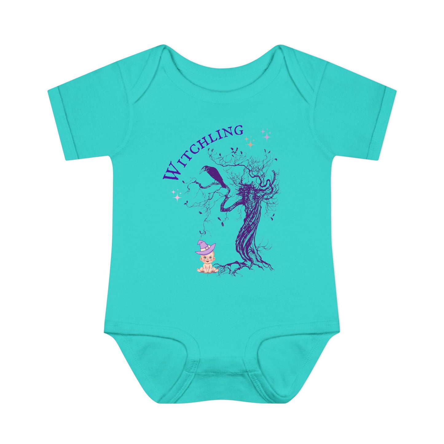 Turquoise baby onesie with 'Witchling' design on a white background