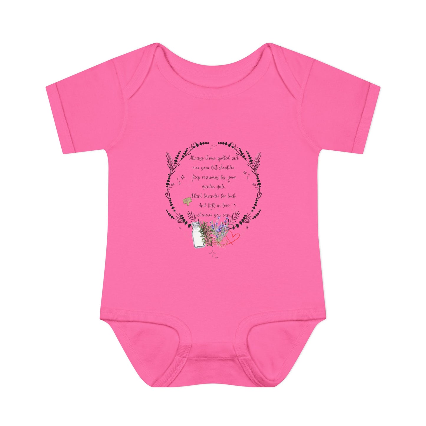 Pink baby onesie with floral design and text on a white background