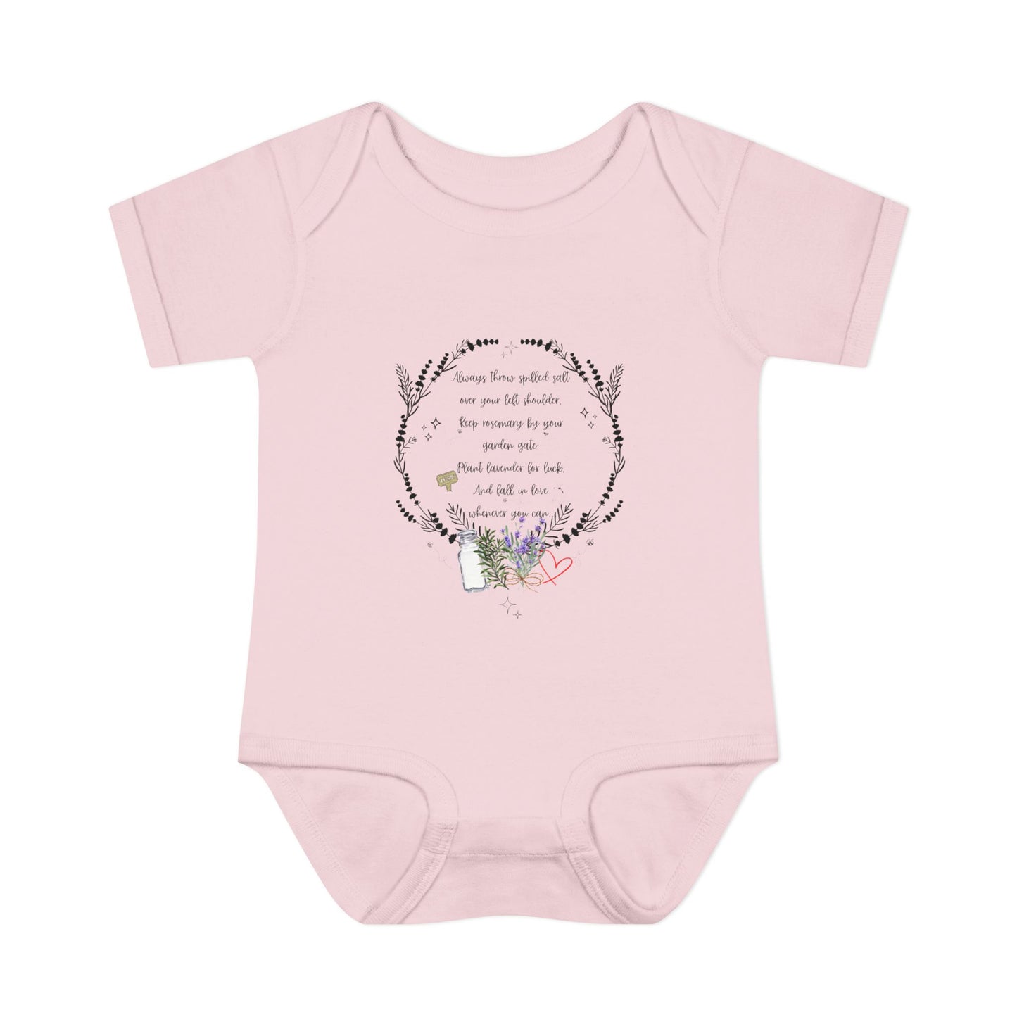 Pink baby onesie with floral design and text on a white background