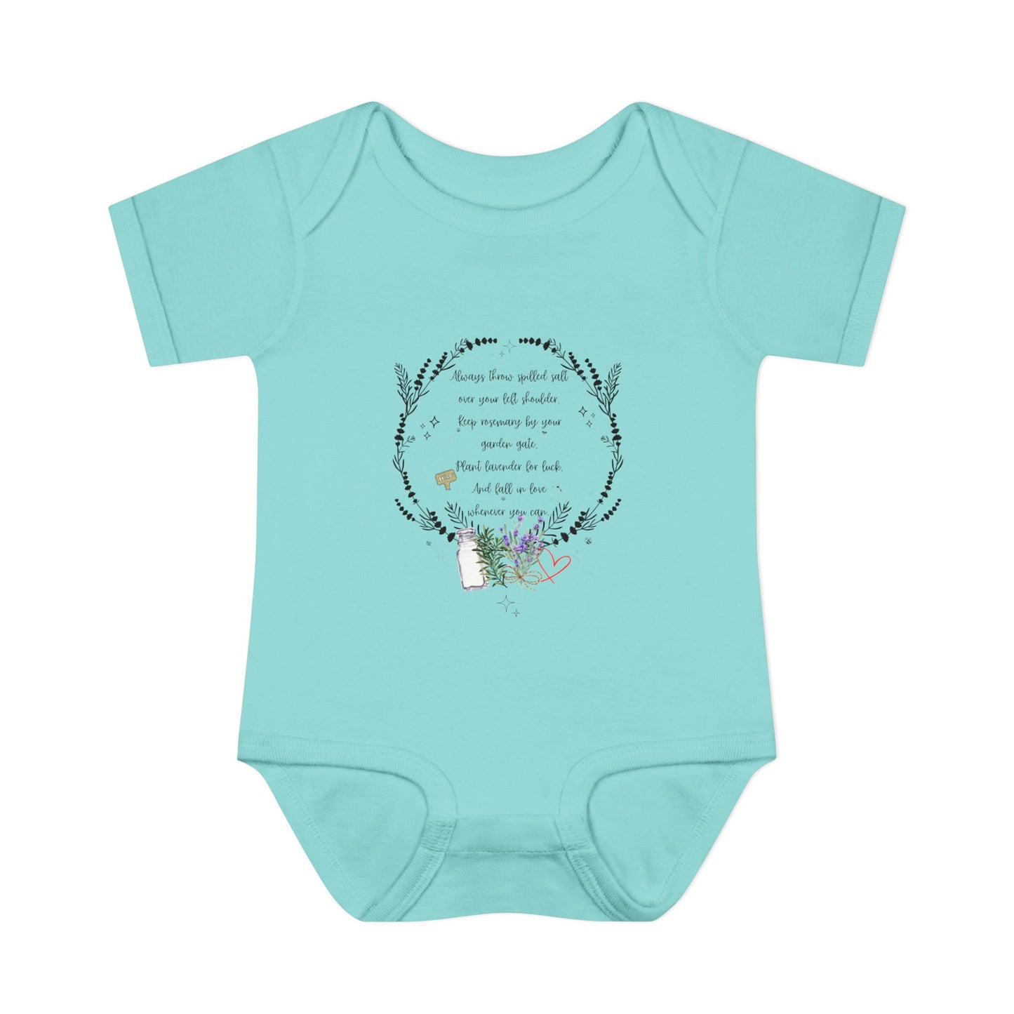 Mint green baby onesie with floral design and text on a white background