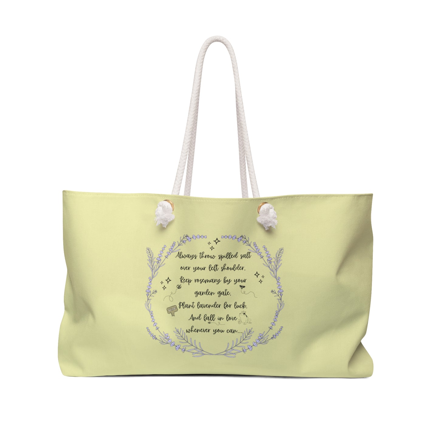 Light green tote bag with lavender design and text on a white background