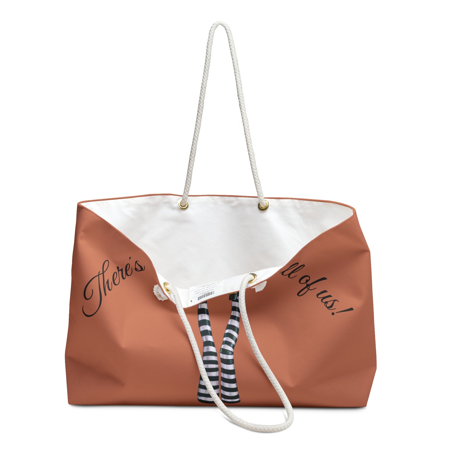 Brown tote bag with white interior and striped drawstring on a white background