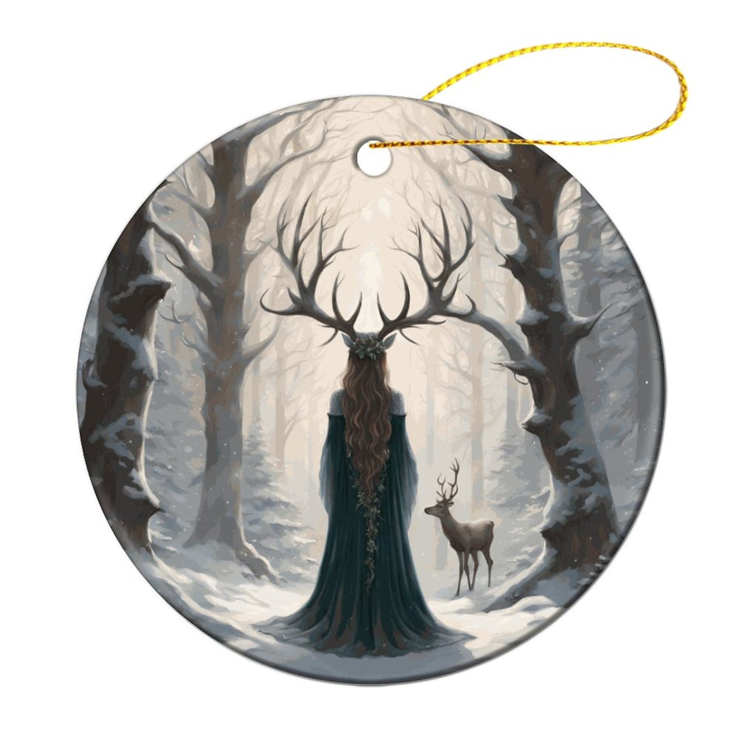 Yule Christmas Witch Round Christmas Ceramic Ornament, Earthly Yule Witch