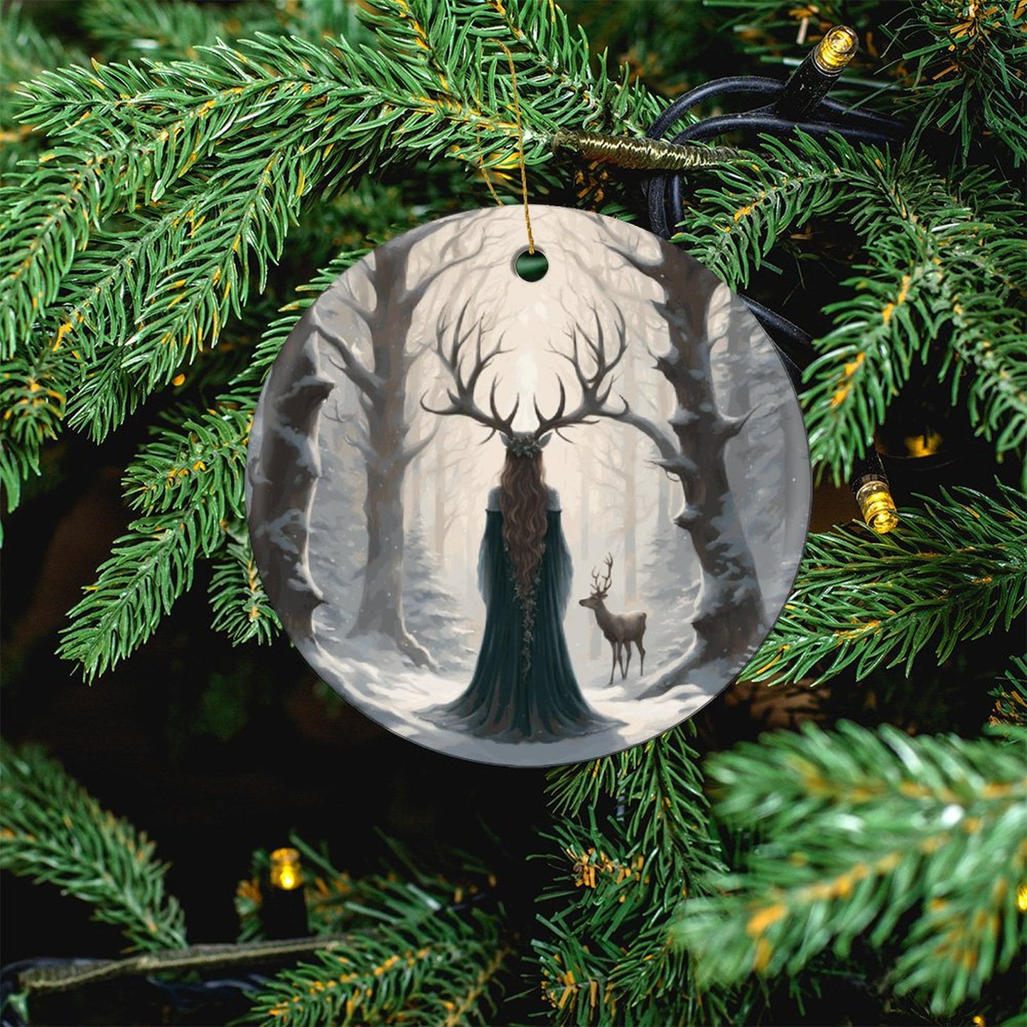 Yule Christmas Witch Round Christmas Ceramic Ornament, Earthly Yule Witch