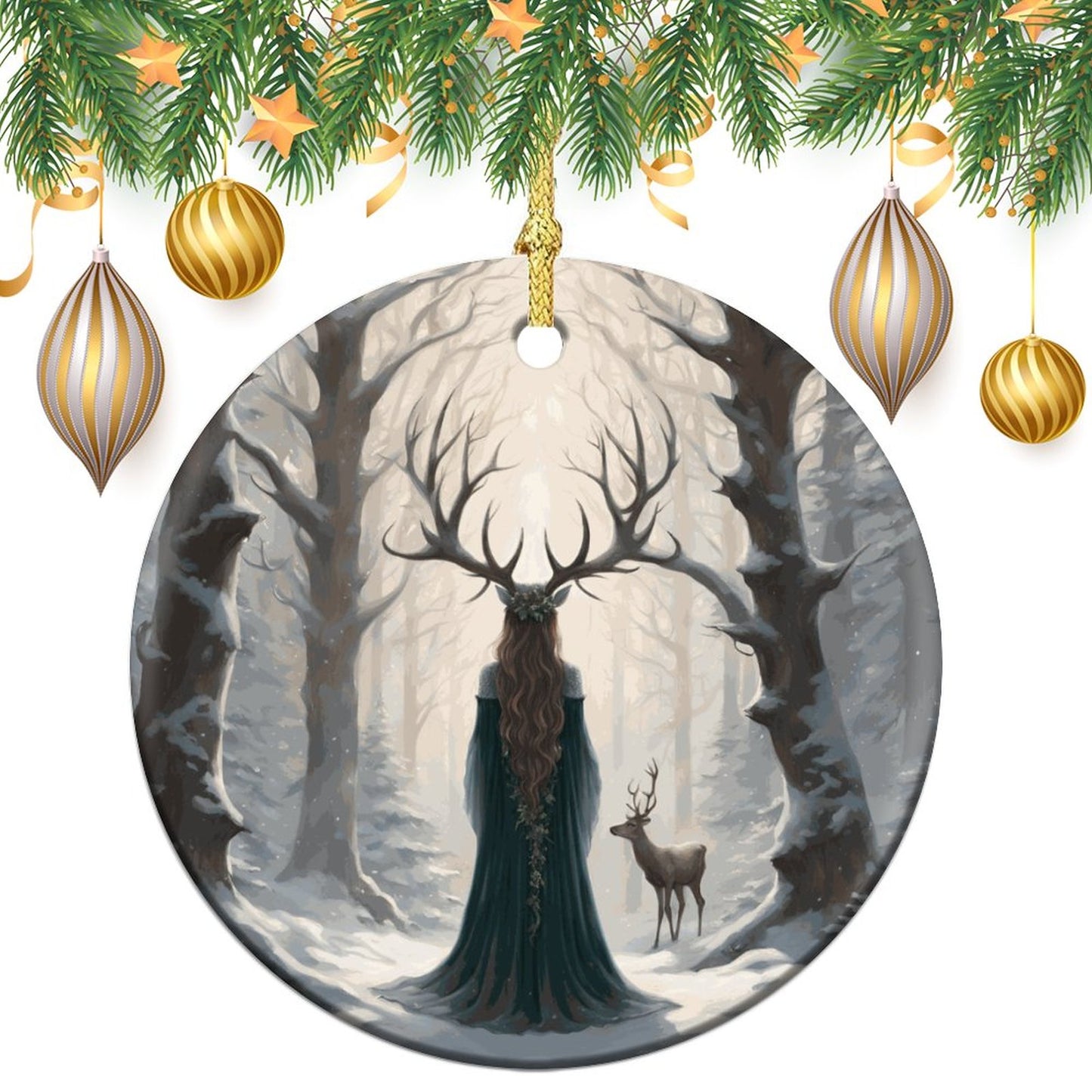 Yule Christmas Witch Round Christmas Ceramic Ornament, Earthly Yule Witch