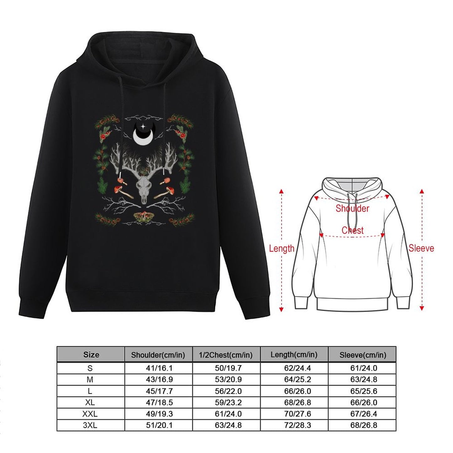 Yuletide Cotton Printed Hoodie - Winter Solstice Shirt, Goth X-Mas Clothing