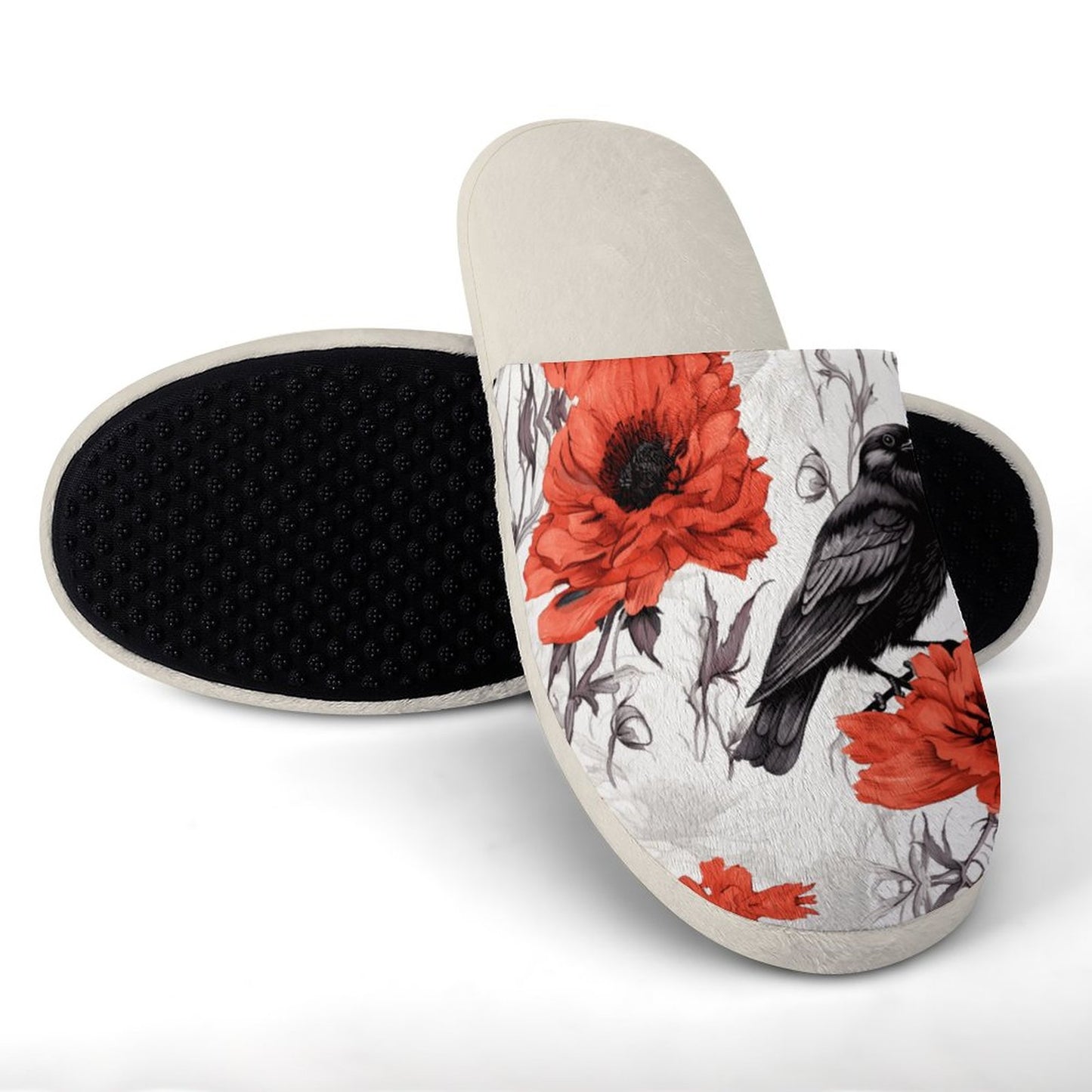 Crow and Poppies Flannel Ladies Cotton Slippers