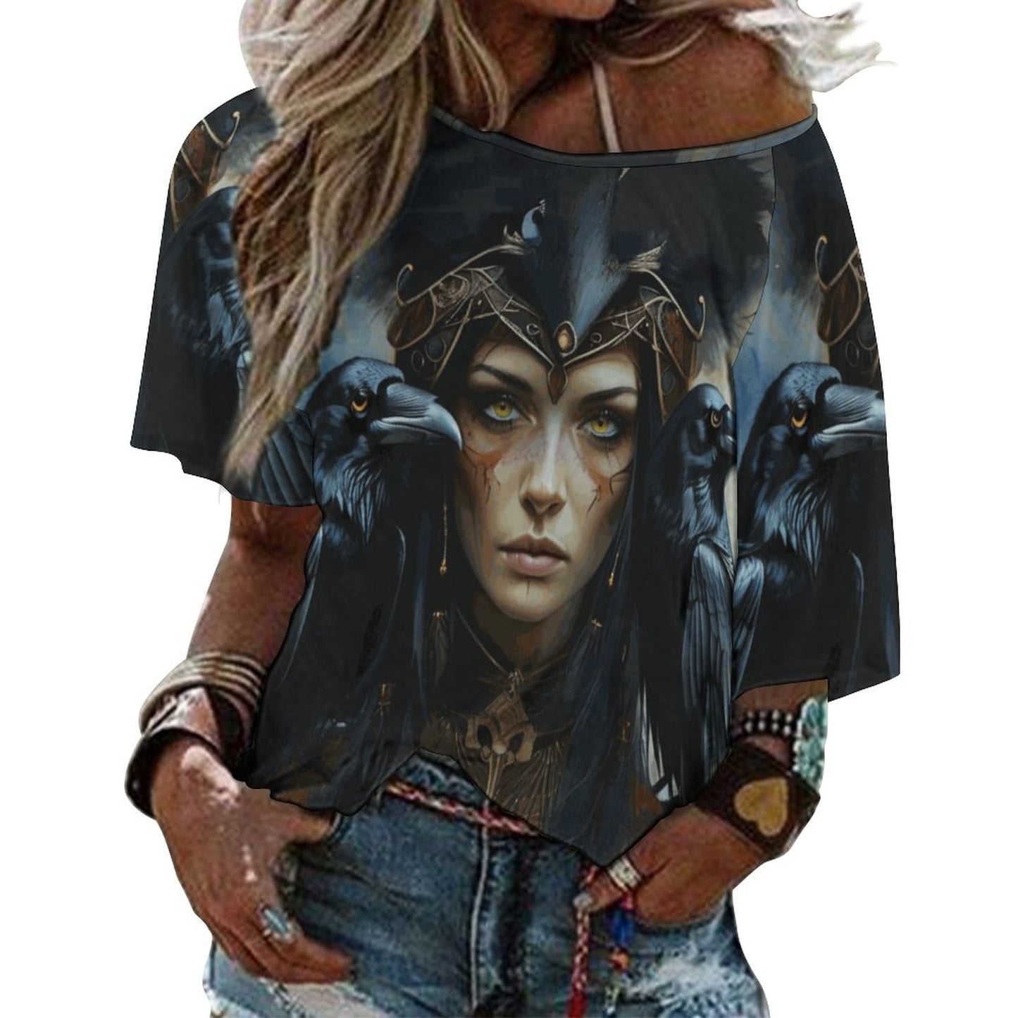 Celtic Goddess Morrigan 180gsm Women’s Off the Shoulder Half-Sleeve T-shirt BAT (All-Over Printing)