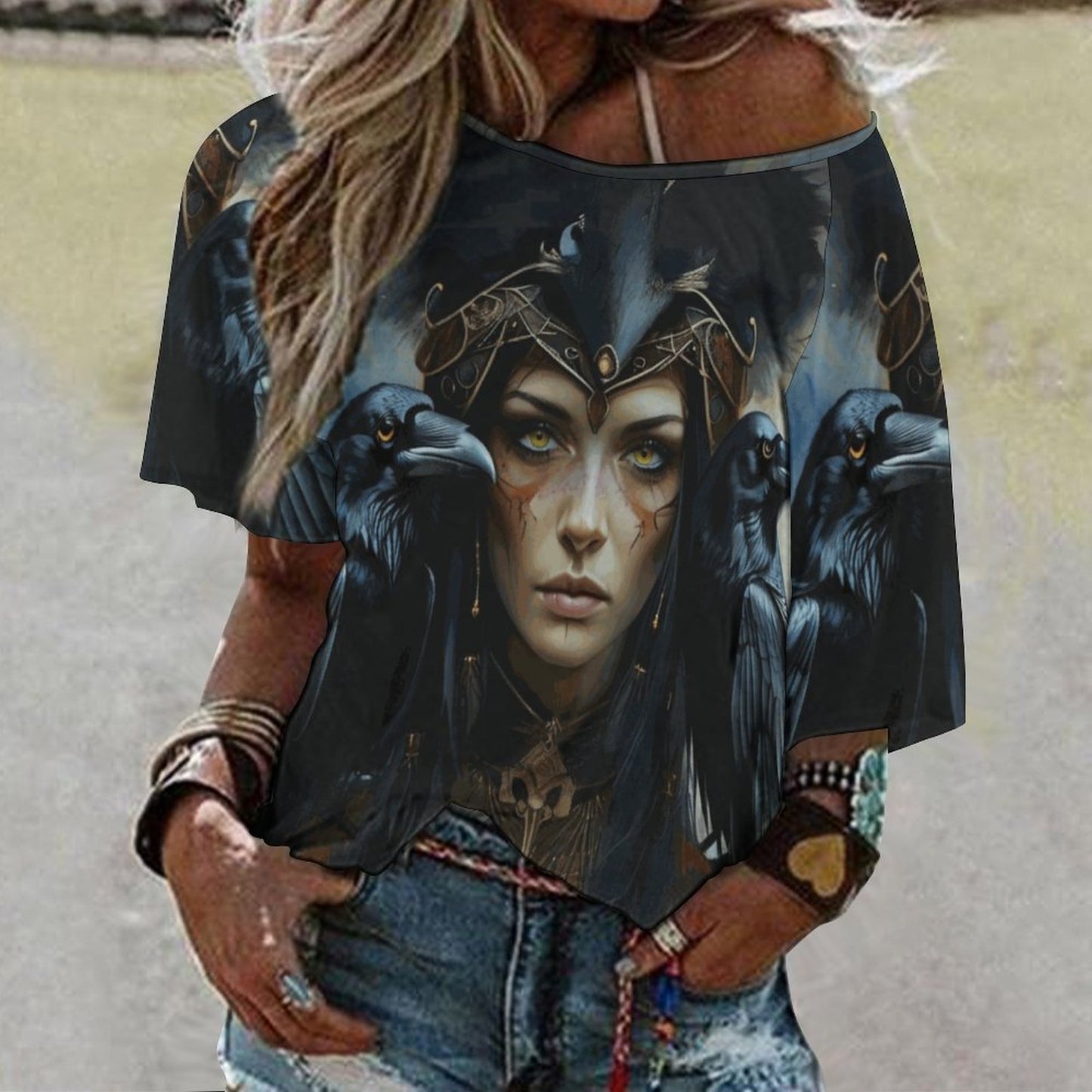 Celtic Goddess Morrigan 180gsm Women’s Off the Shoulder Half-Sleeve T-shirt BAT (All-Over Printing)