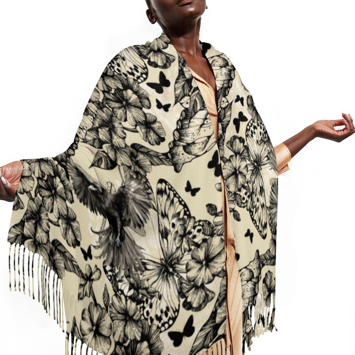 Crows in Flight Cashmere-like Tassel Scarf (All-Over Printing)