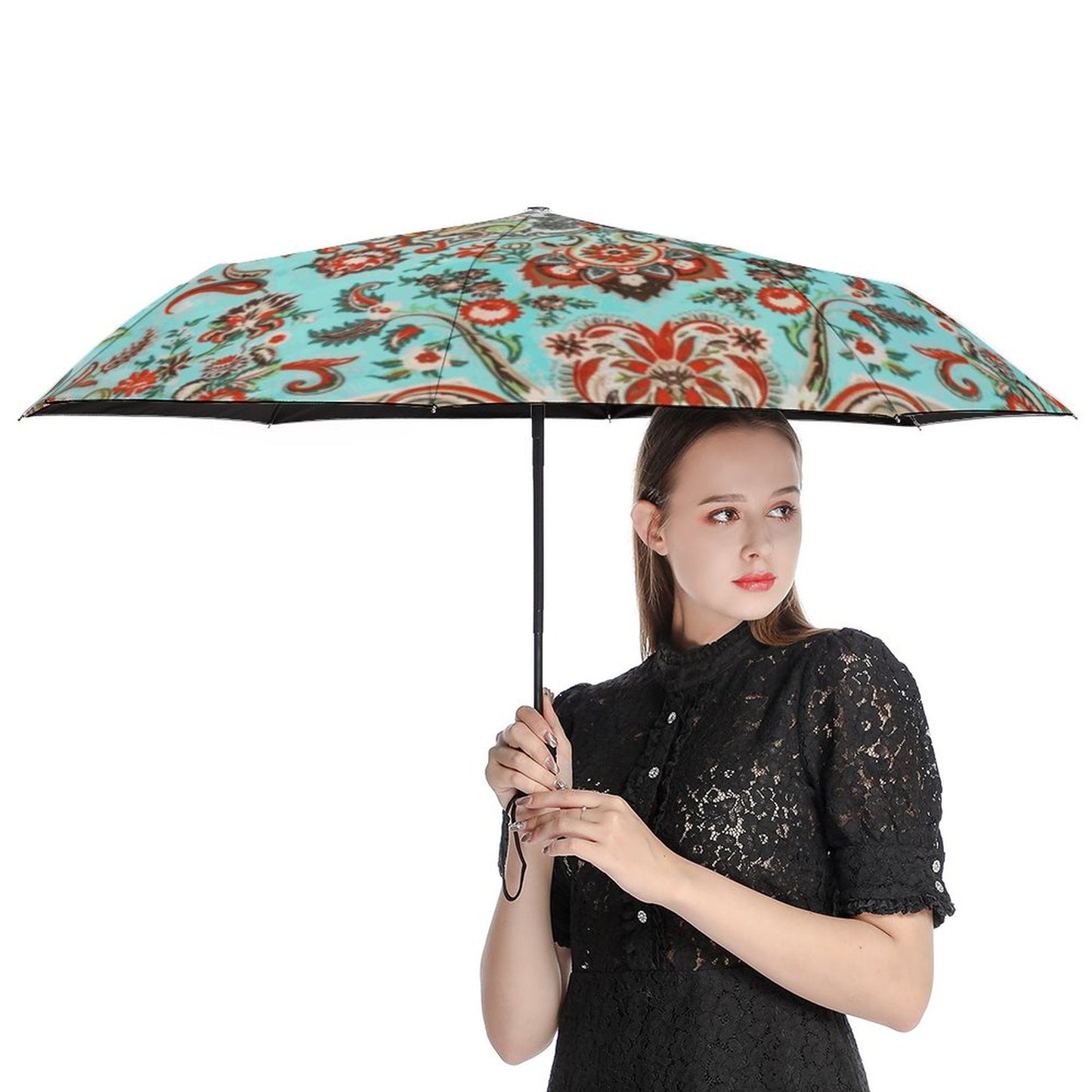 Turquoise Paisley Auto Umbrella with Printed Pattern Outside ZYS03-8K