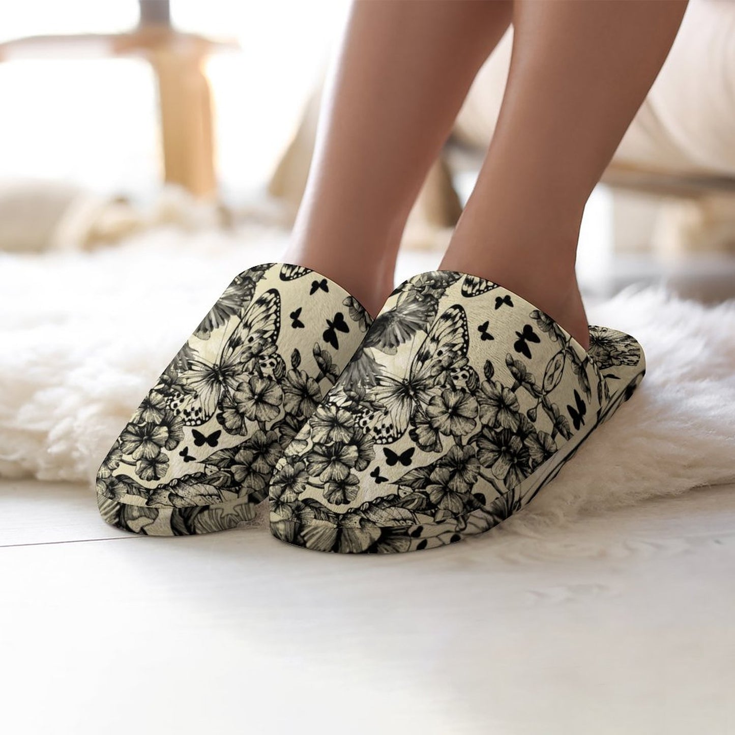 Crows and Butterflies Flannel Ladies Cotton Slippers