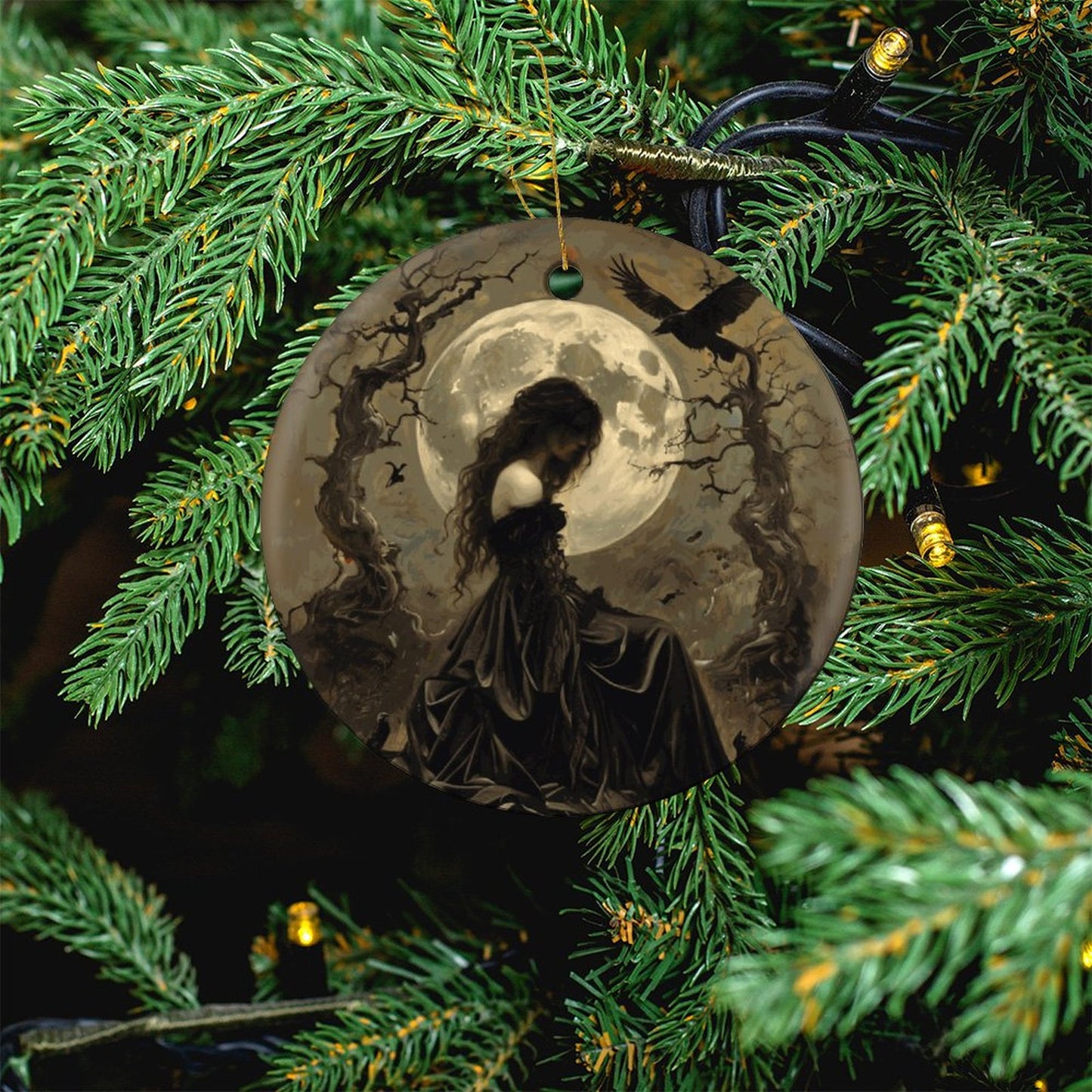 Morrigan Irish Goddess Round Christmas Ceramic Ornament (Glossy Surface)