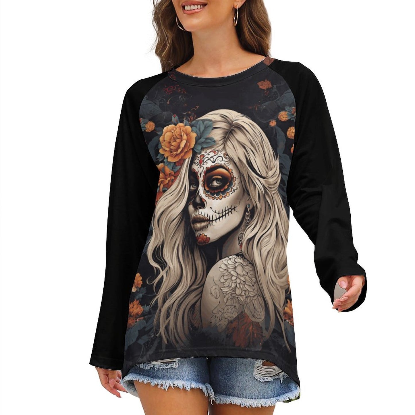 Day of the Dead Floral Custom Women's Long Sleeve U-Neck T-Shirts (All-Over Printing)