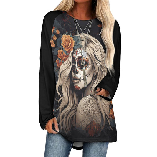 Day of the Dead Floral Custom Women's Long Sleeve U-Neck T-Shirts (All-Over Printing)